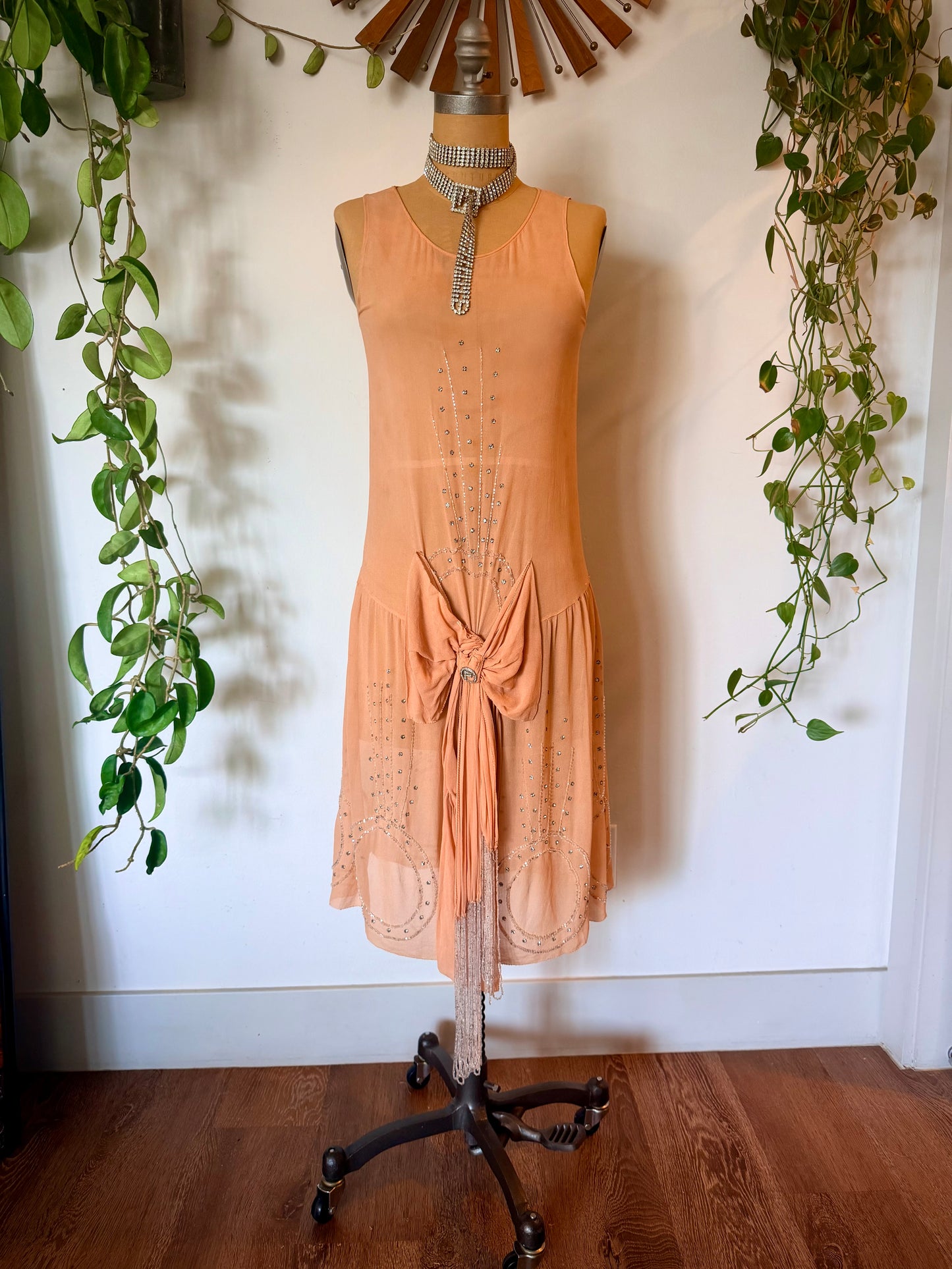 Rare, Angelic, Art Deco Antique 1920’s Silk Chiffon Dress in Peachy Pink Glass Rhinestones and Silver Microbead Tassles
