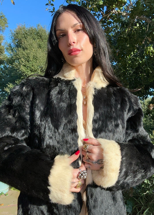 Stunningly Chic Vintage 1980’s Rabbit Fur Coat Jacket in a Unique Black and Cream Color-Way