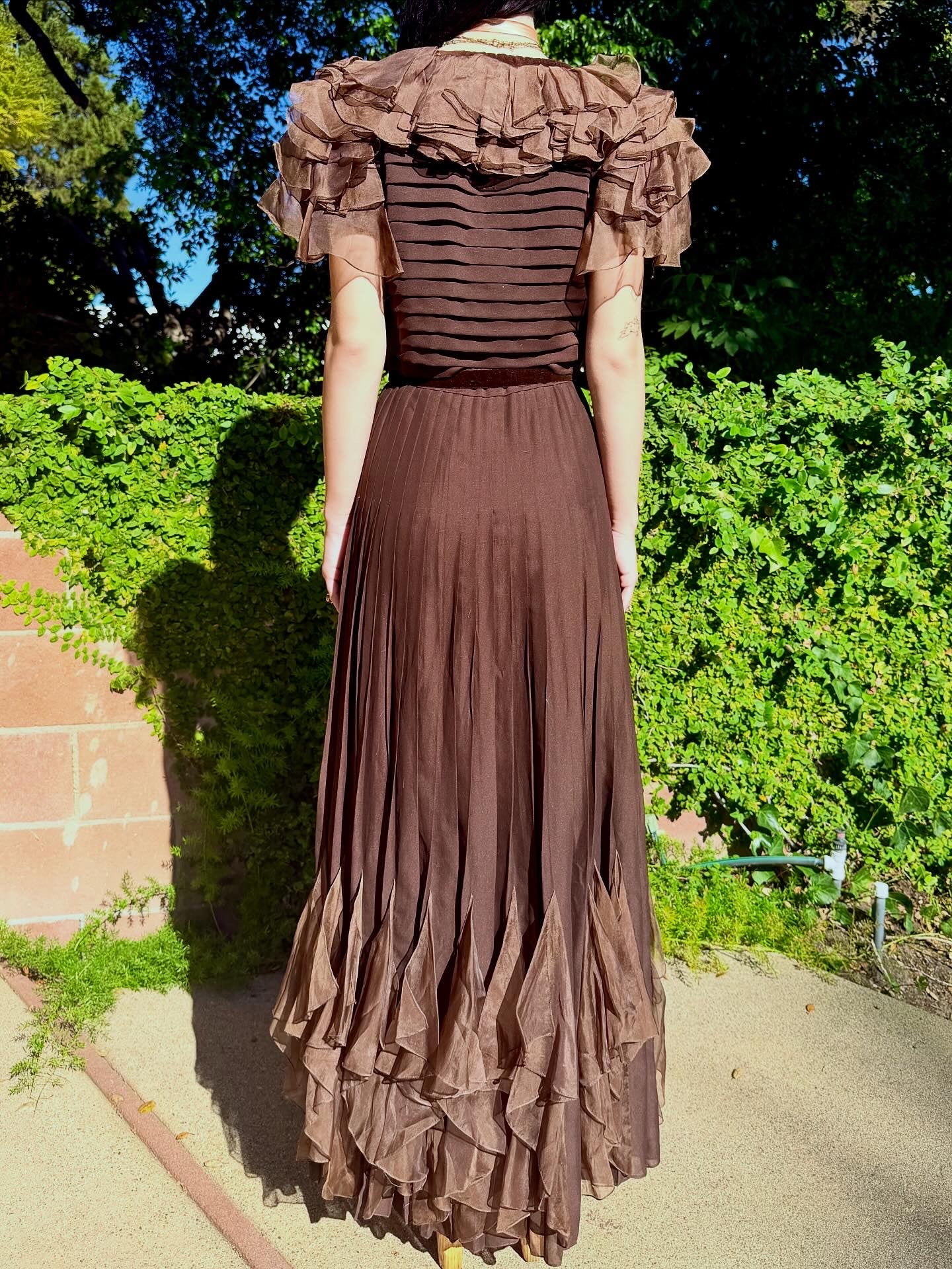 Whimsical Ethereal Vintage 1970’s Chocolate Chiffon Maxi Dress with Antique Floral Details - Re-Designed in House, One-of-One