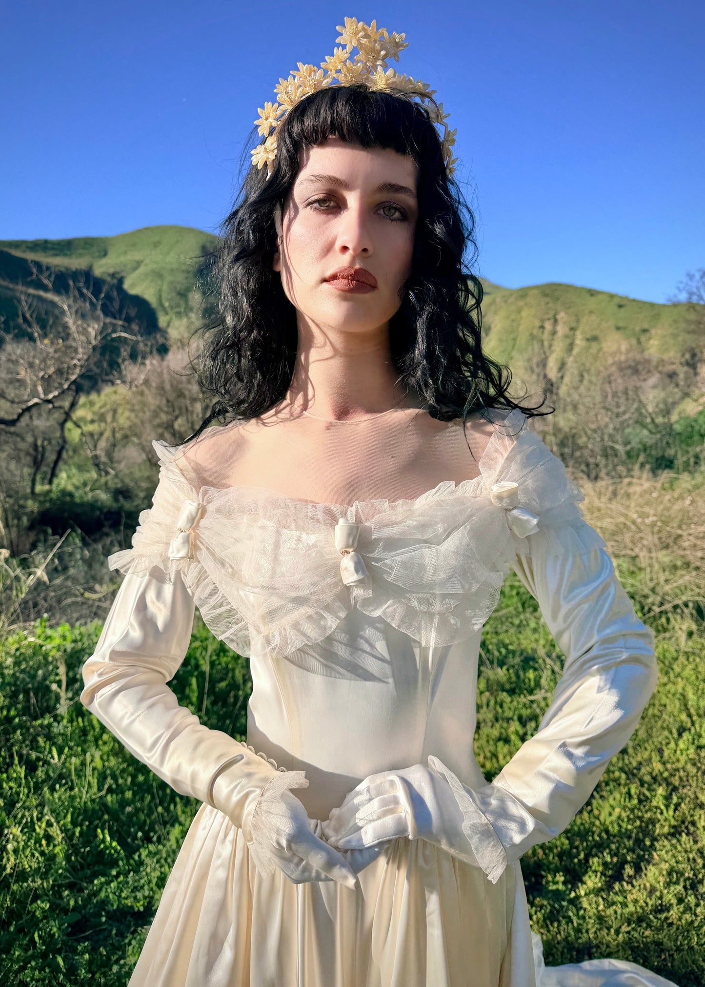 Rare, Exceptionally Stunning, Vintage 1940’s Liquid Silk Satin Charmeuse Wedding Gown in Ivory with a Basque Waist and 86" Cathedral Train. Designed by: Miriam Originals New York