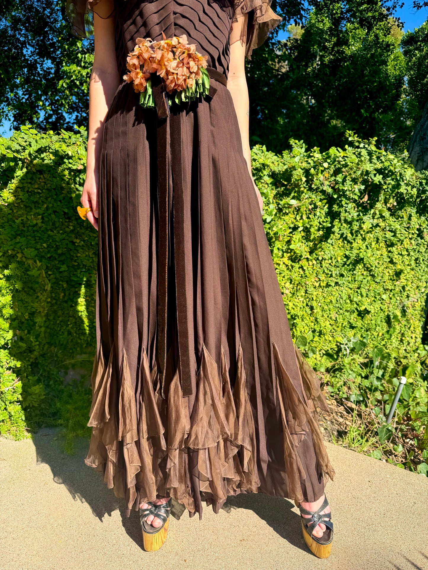 Whimsical Ethereal Vintage 1970’s Chocolate Chiffon Maxi Dress with Antique Floral Details - Re-Designed in House, One-of-One