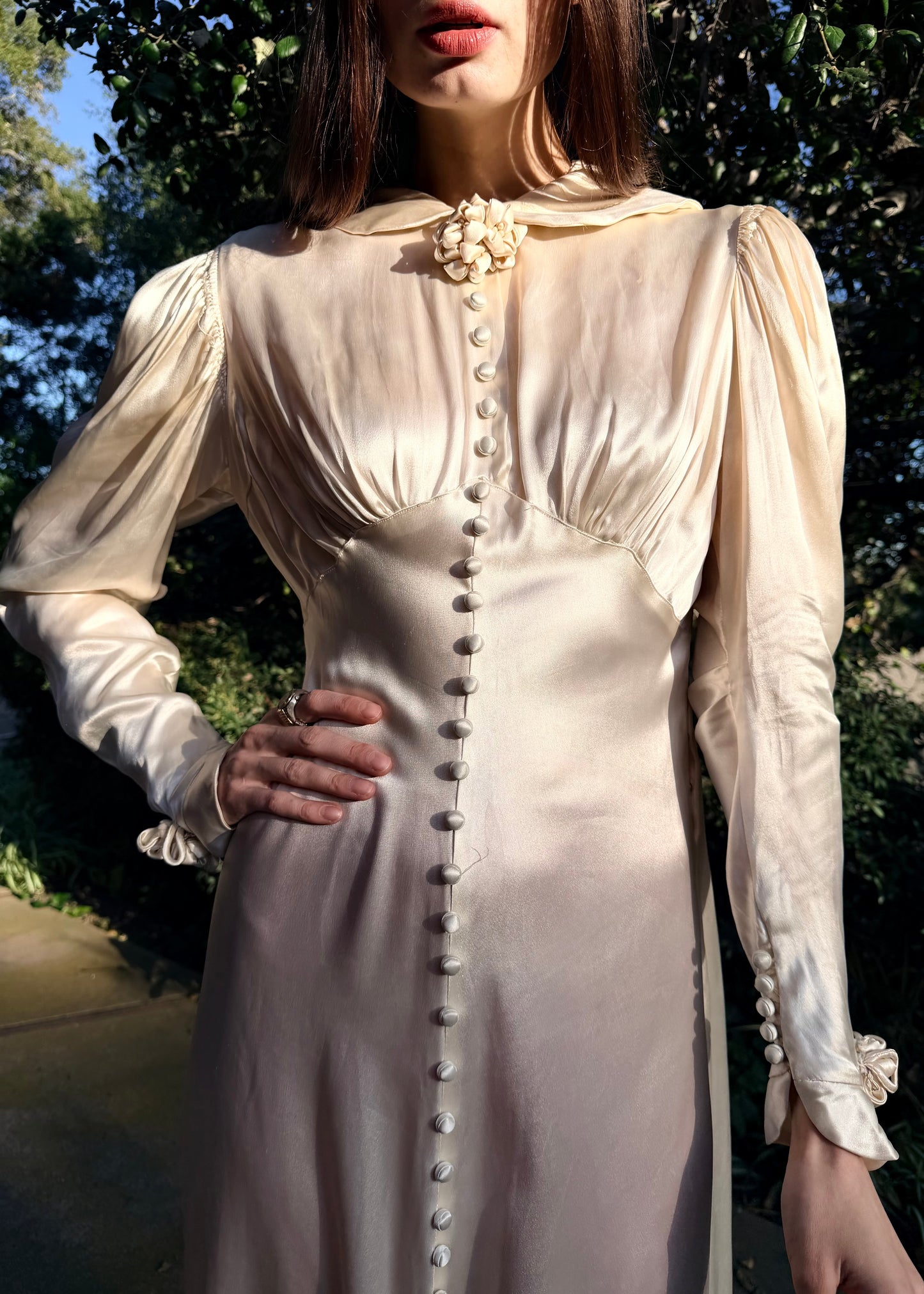 Timeless Antique 1930’s Warm Ivory Liquid Silk Charmeuse Wedding Gown with Sculptural Flower Details and Cathedral Train
