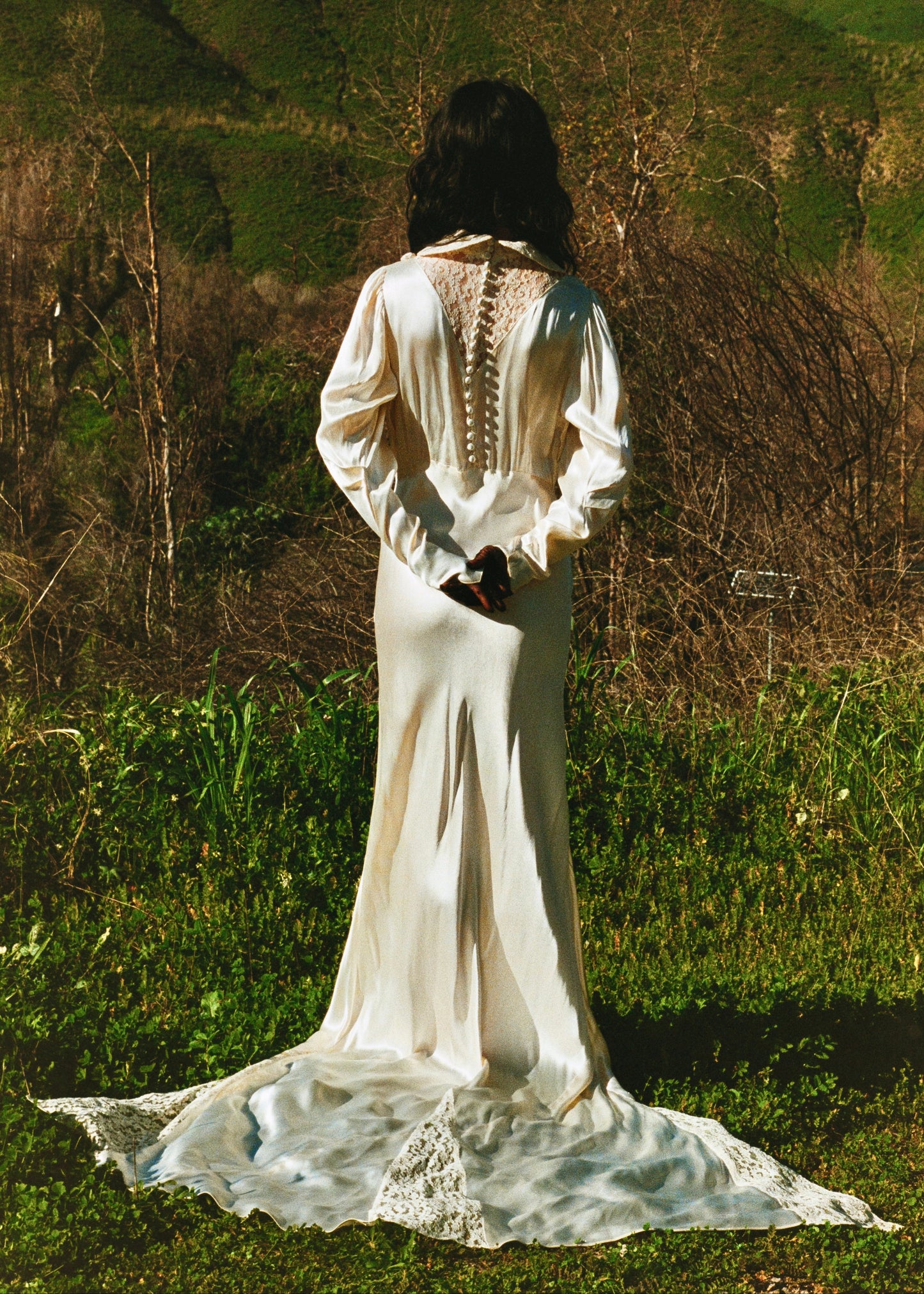 Romantic Antique 1930's Bias Cut Silk Satin Charmeuse in Candlelight Wedding Gown with Unique Chapel Train - Rare size M/L