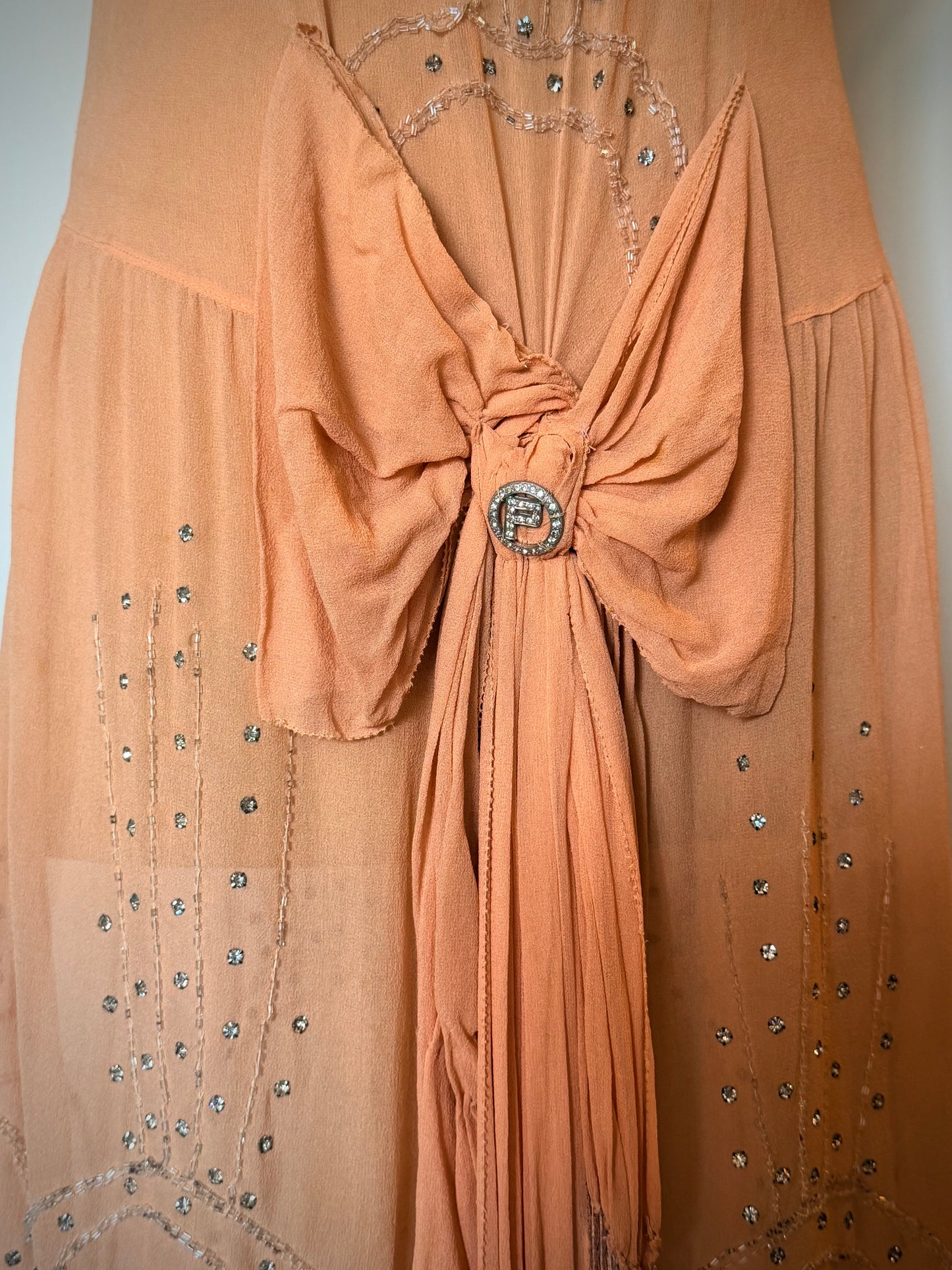 Rare, Angelic, Art Deco Antique 1920’s Silk Chiffon Dress in Peachy Pink Glass Rhinestones and Silver Microbead Tassles