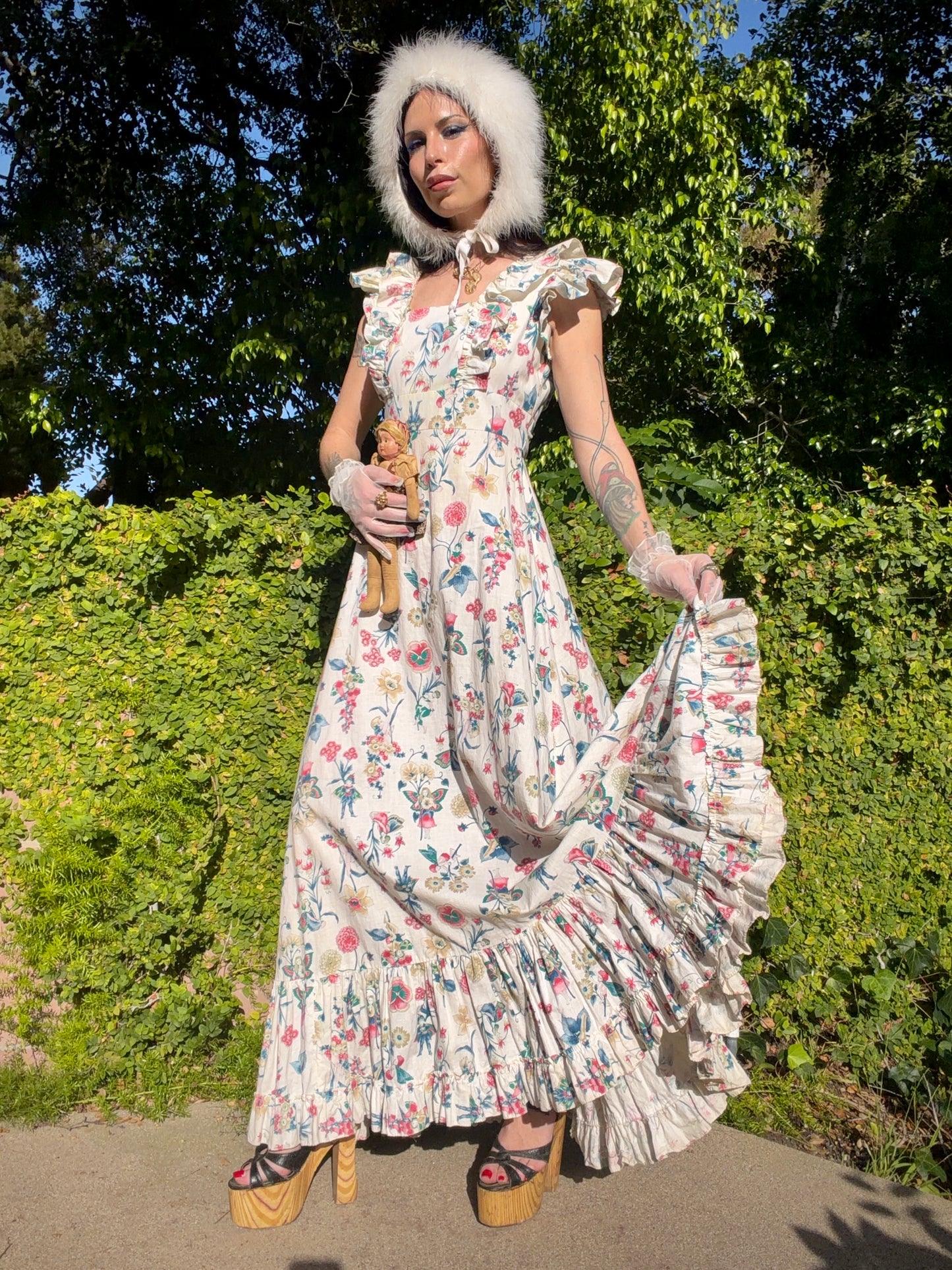 Enchanting Vintage 1970’s Prairie Maxi Gown with a Whimsical Novelty Print of Fairies, Cherubs and Florals