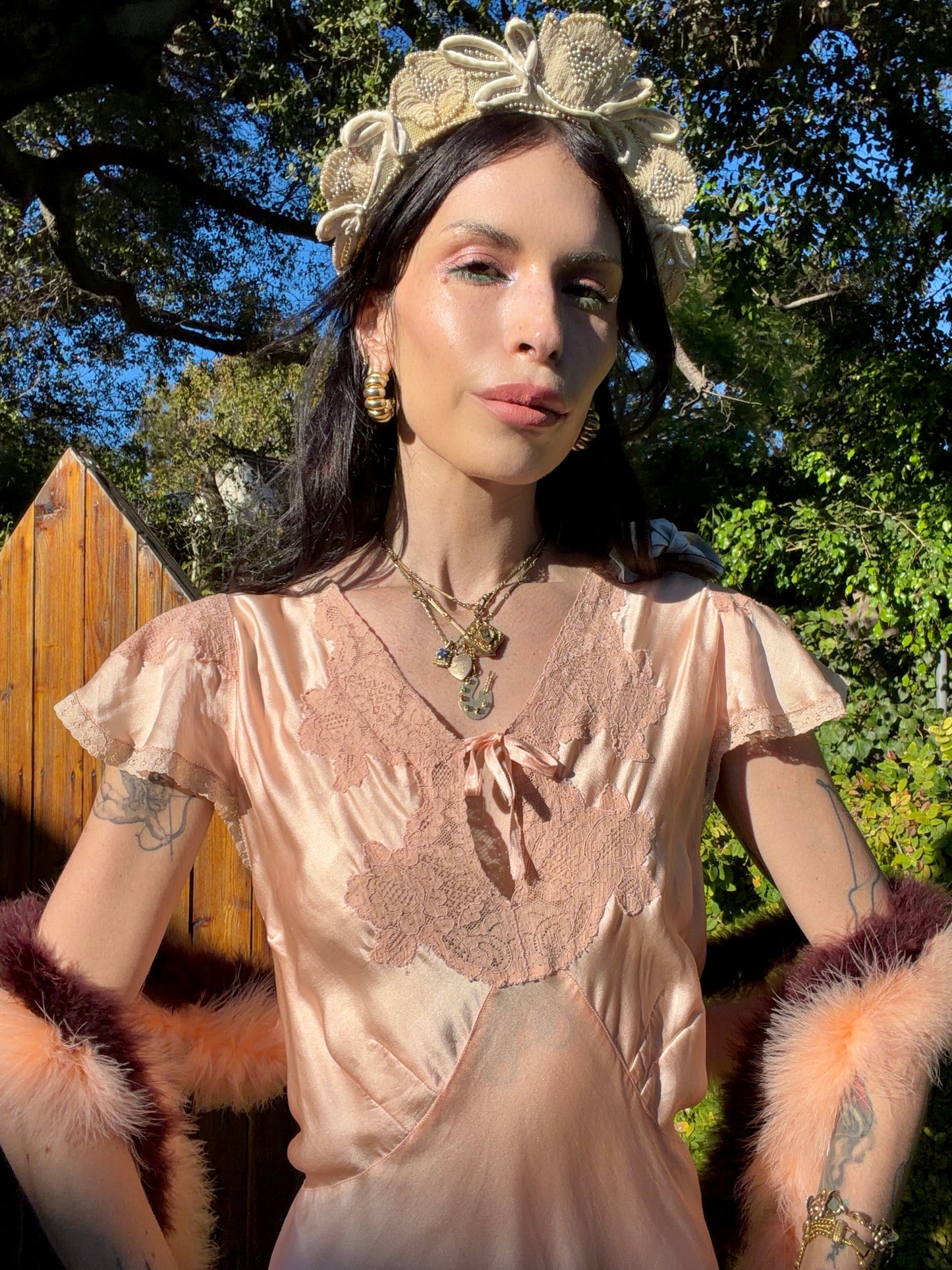 Antique late 1930’s / Early 1940’s Silk Satin Peachy Pink Slip Dress With Lace Inserts and Flutter Shoulder Sleeves