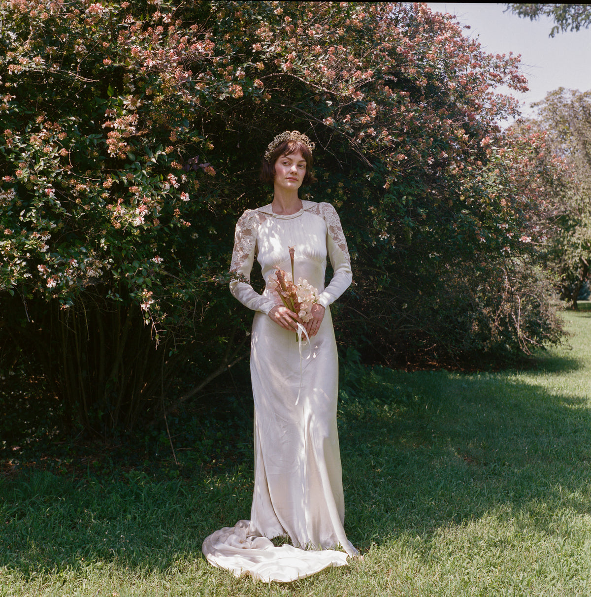 Heavenly Antique 1930’s Liquid Silk Charmeuse Wedding Gown with a Stunning Cathedral Train  Alencon Lace Shoulder and Collar Detail