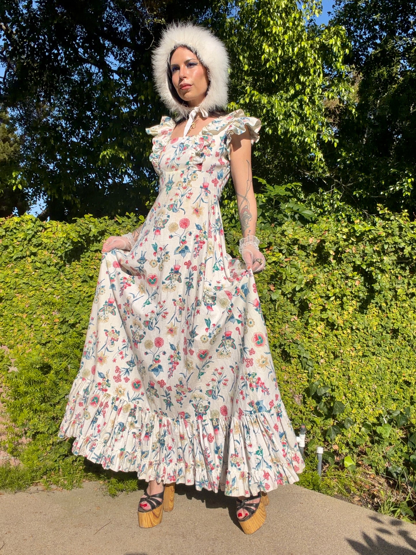 Enchanting Vintage 1970’s Prairie Maxi Gown with a Whimsical Novelty Print of Fairies, Cherubs and Florals