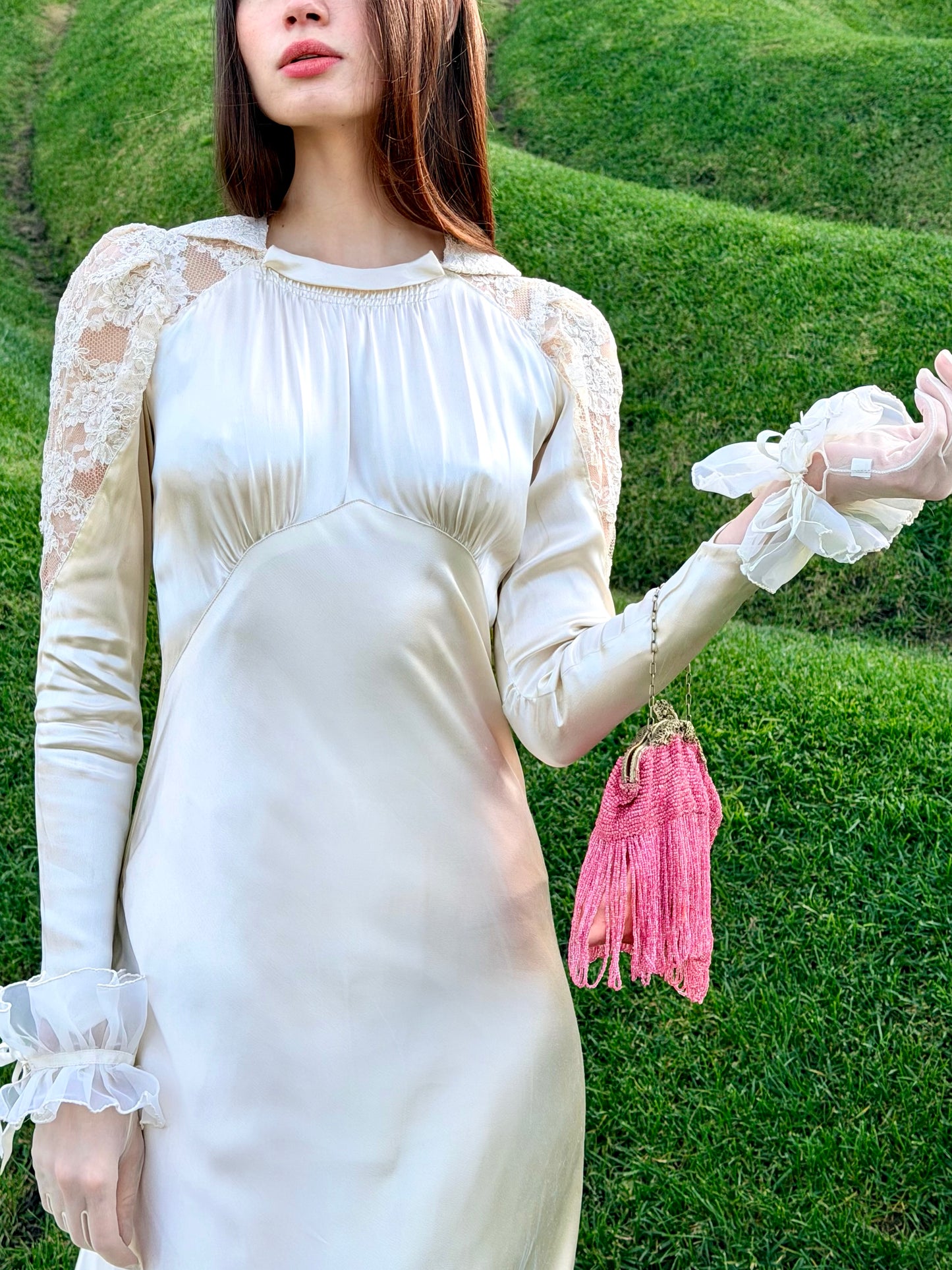 Heavenly Antique 1930’s Liquid Silk Charmeuse Wedding Gown with a Stunning Cathedral Train  Alencon Lace Shoulder and Collar Detail