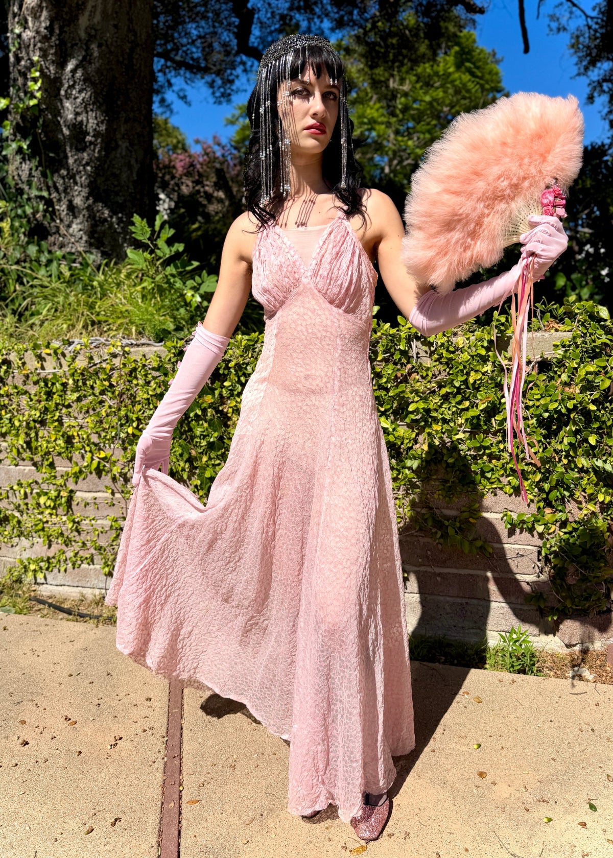 Whimsical Antique 1930’s Silk Organdy Bias Cut Maxi Dress with an Ethereal Floral Fabric Pattern