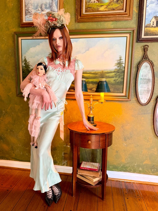 Stunning Antique 1930’s Silk Bias Cut Gown in a Rare Mint Green and Burnt Umber Color-Way