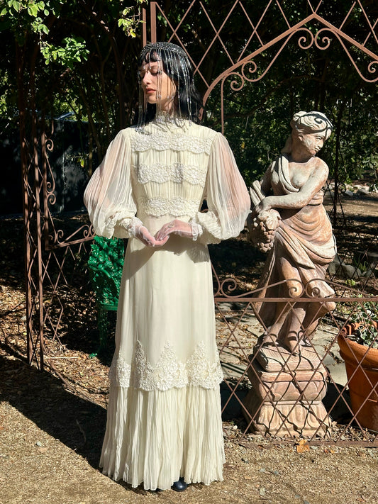 Whimsical Vintage 1970's Alabaster Silk Chiffon and Alencon Lace Bridal Dress
