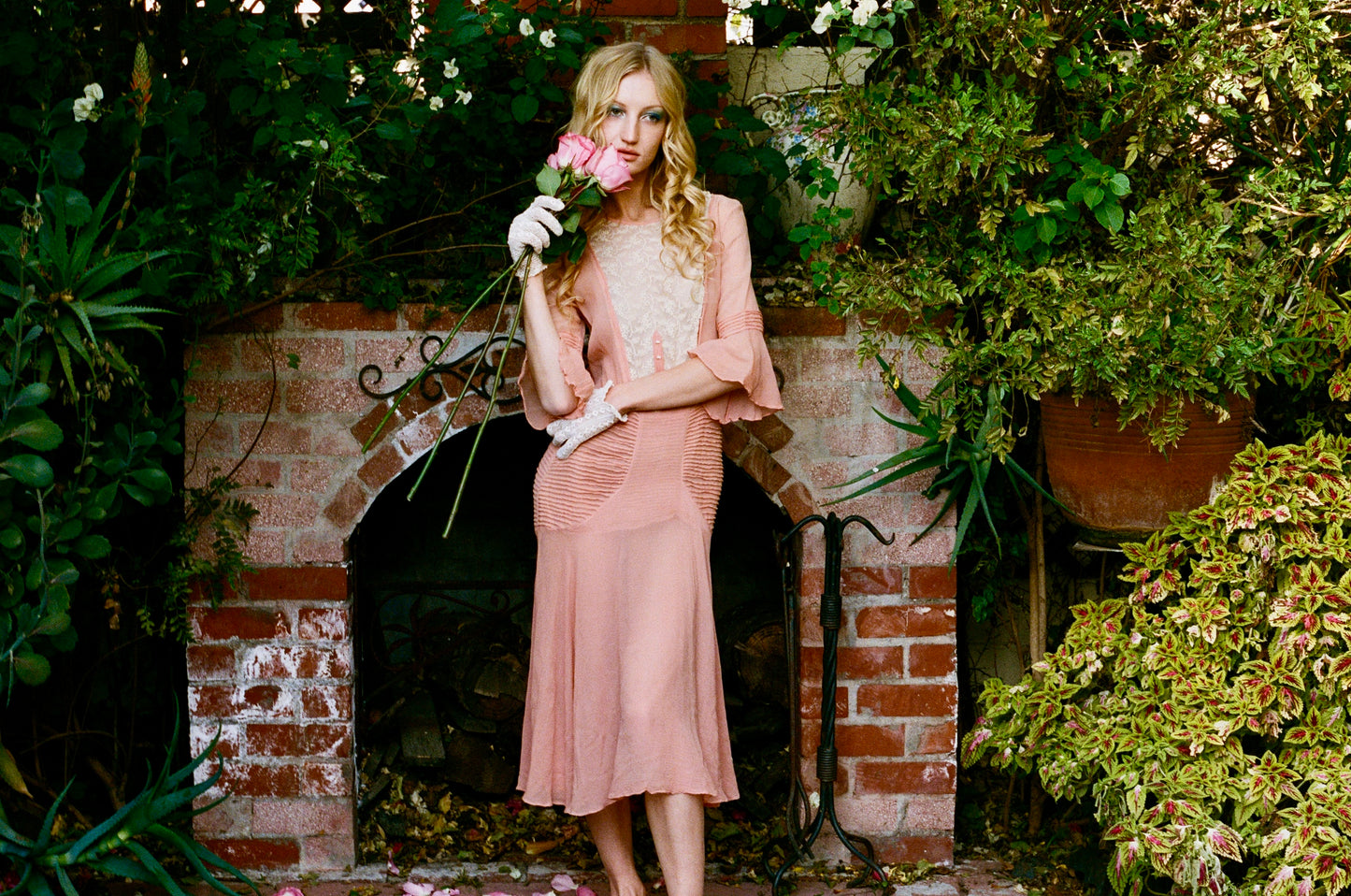 Antique 1920’s Georgette Silk Dress in Rose Petal Pink with Silk Mesh Embroidered Flowers