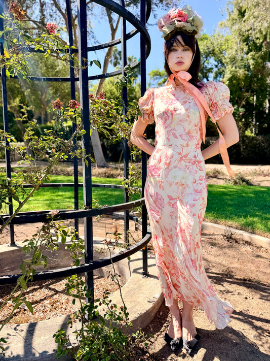 Gorgeous Watercolor Floral Pattern Antique 1930’s Silk Chiffon Floral Dress Bias Cut - Made by the NRA | XS - S