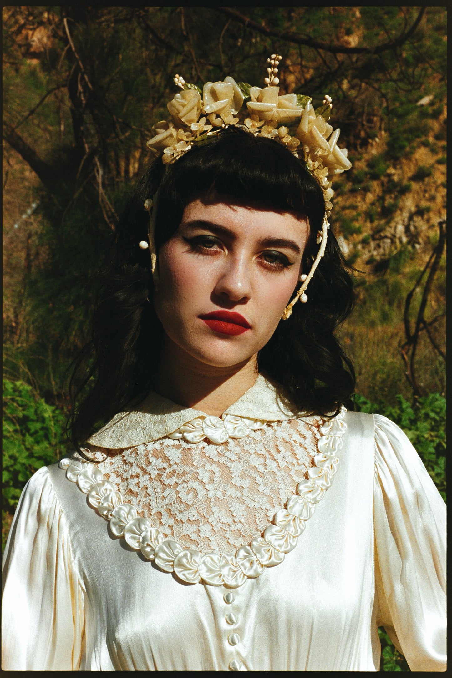 Romantic Antique 1930's Bias Cut Charmeuse Satin Wedding Gown in Candlelight with Rosette Details