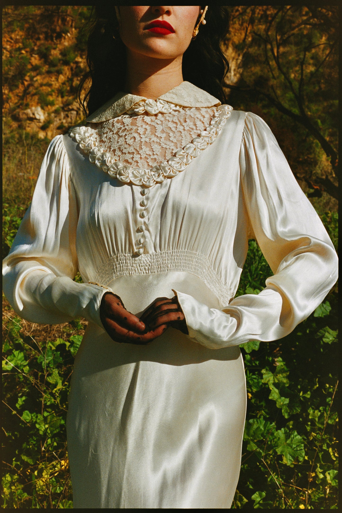 Romantic Antique 1930's Bias Cut Charmeuse Satin Wedding Gown in Candlelight with Rosette Details