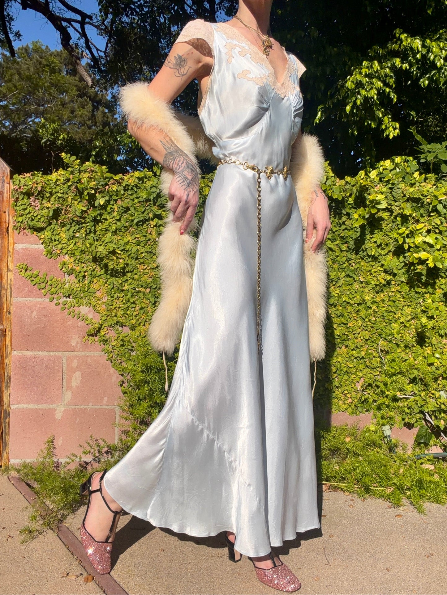 Whimsical Ice Blue Antique 1930's Silk Charmeuse Bias Cut Slip Dress with Cream Lace Inserts - Volup Size