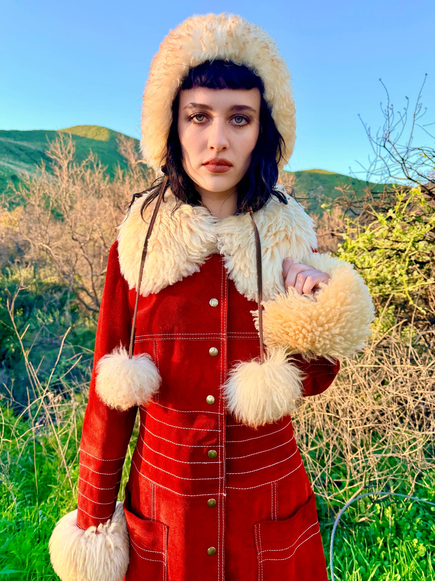 Genuine Suede Leather Vintage 1970’s Penny Lane Coat with Shearling Collar and Cuffs By: VANY Arcelus
