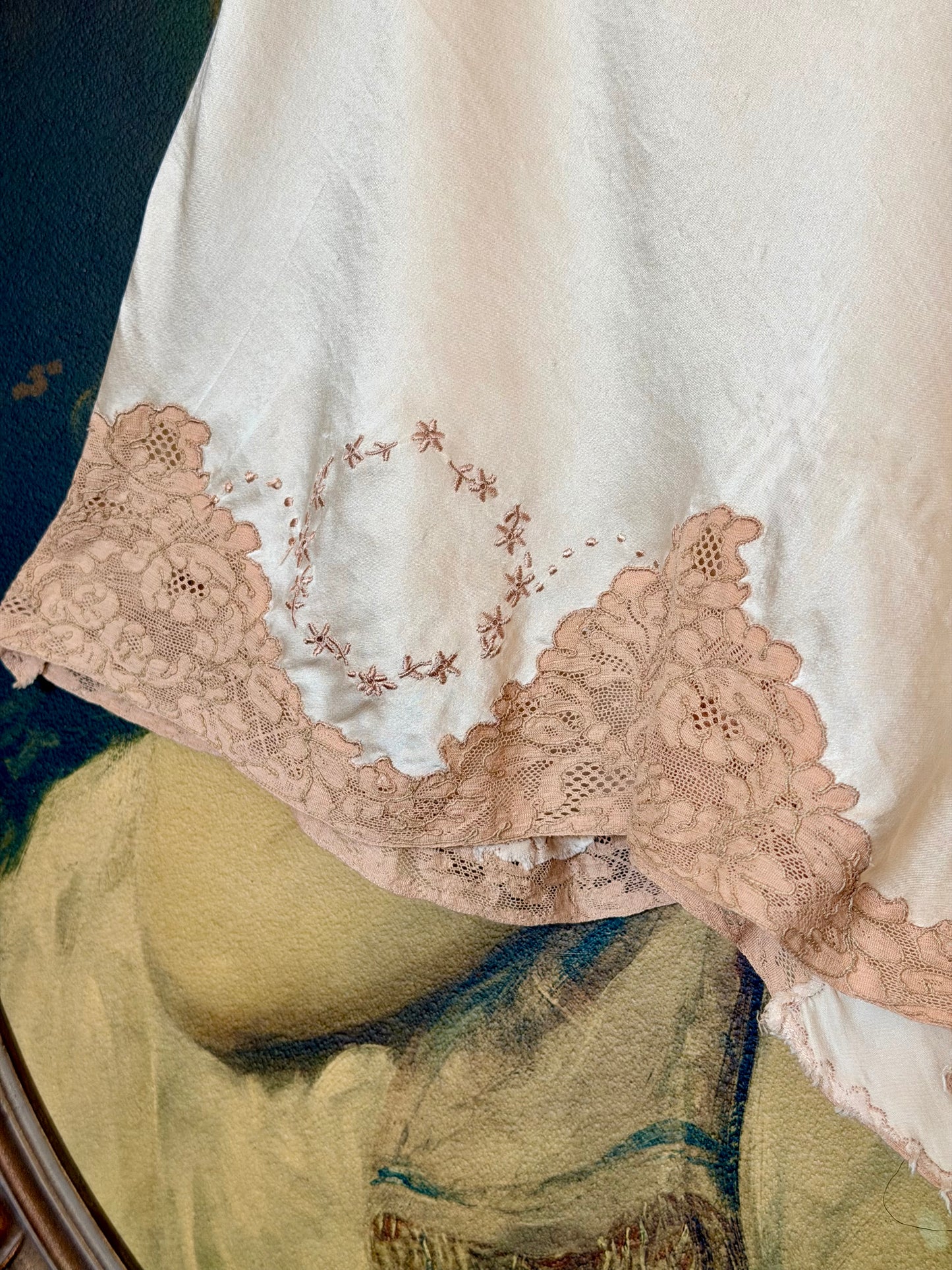 Antique 1930's Silk Tap Pants Bias Cut in Cream with Lace Inserts and Embroidery - Rare size L L/XL