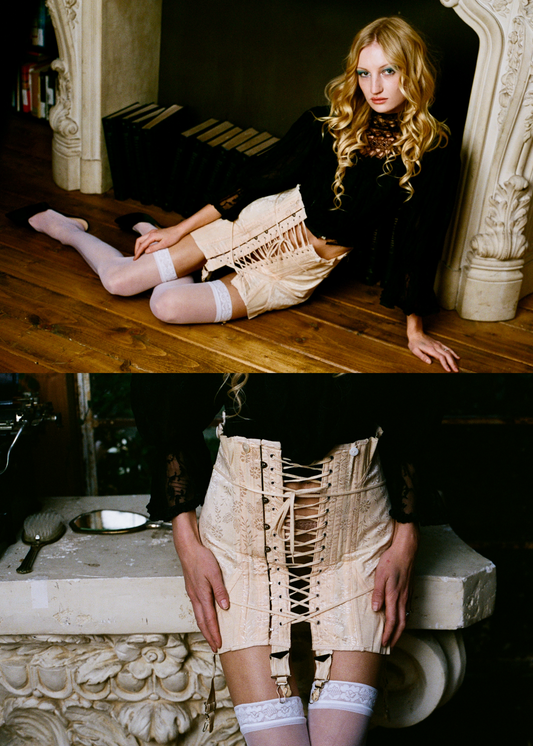 Vintage 1940’s/1950’s Peach Pink Lace Up Corset Skirt Floral Brocade Fabric