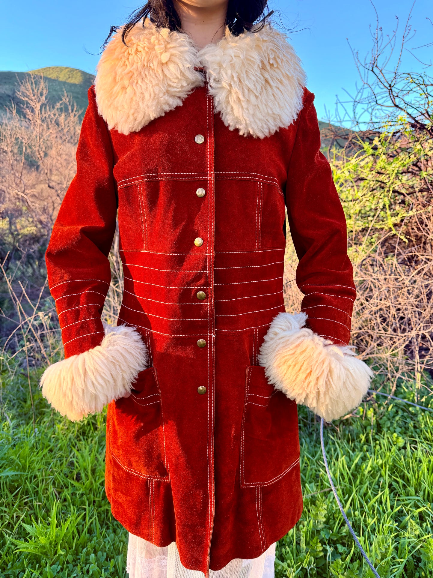 Genuine Suede Leather Vintage 1970’s Penny Lane Coat with Shearling Collar and Cuffs By: VANY Arcelus