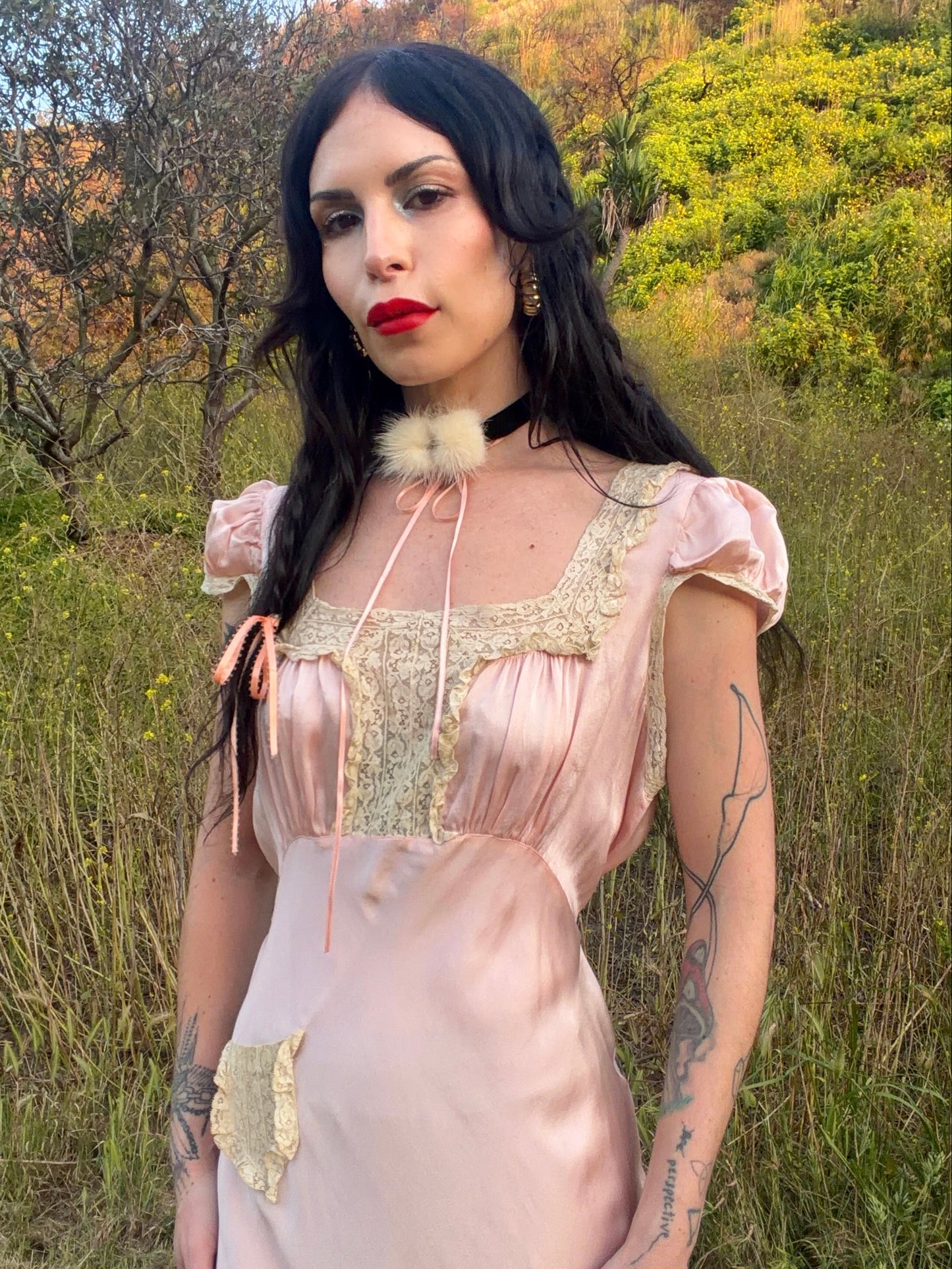 Stunning Antique 1930’s Cherry Blossom Pink Bias Cut Silk Slip Dress with Unique Lace Detail