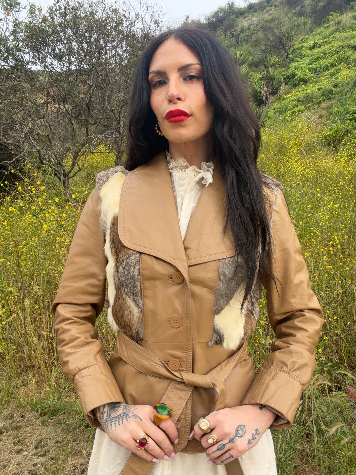 Vintage 1970’s Camel Brown Leather and Diamond Shaped Patchwork Fur Detail Jacket