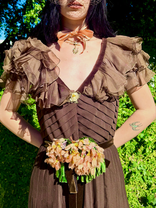 Whimsical Ethereal Vintage 1970’s Chocolate Chiffon Maxi Dress with Antique Floral Details - Re-Designed in House, One-of-One