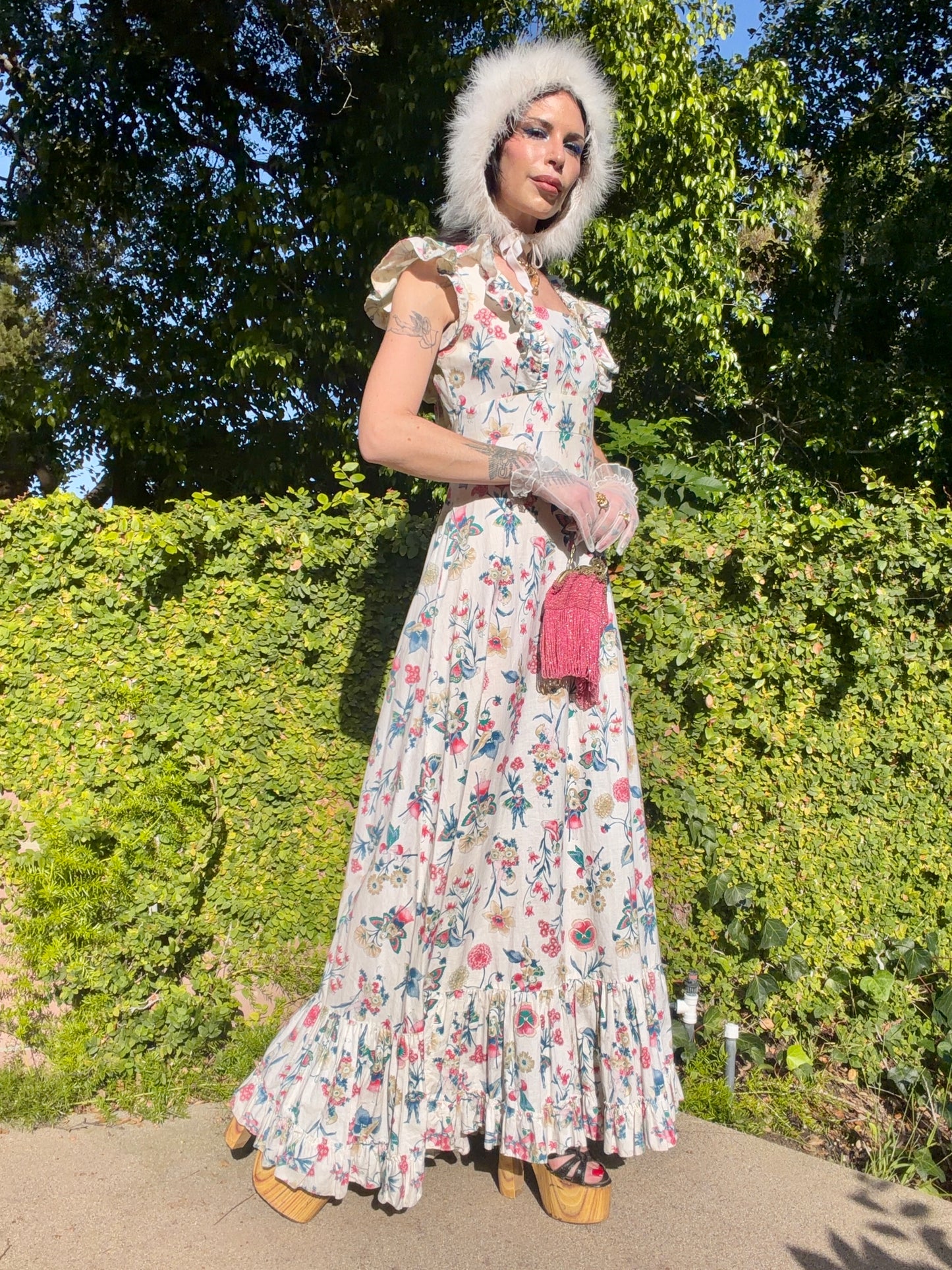 Enchanting Vintage 1970’s Prairie Maxi Gown with a Whimsical Novelty Print of Fairies, Cherubs and Florals
