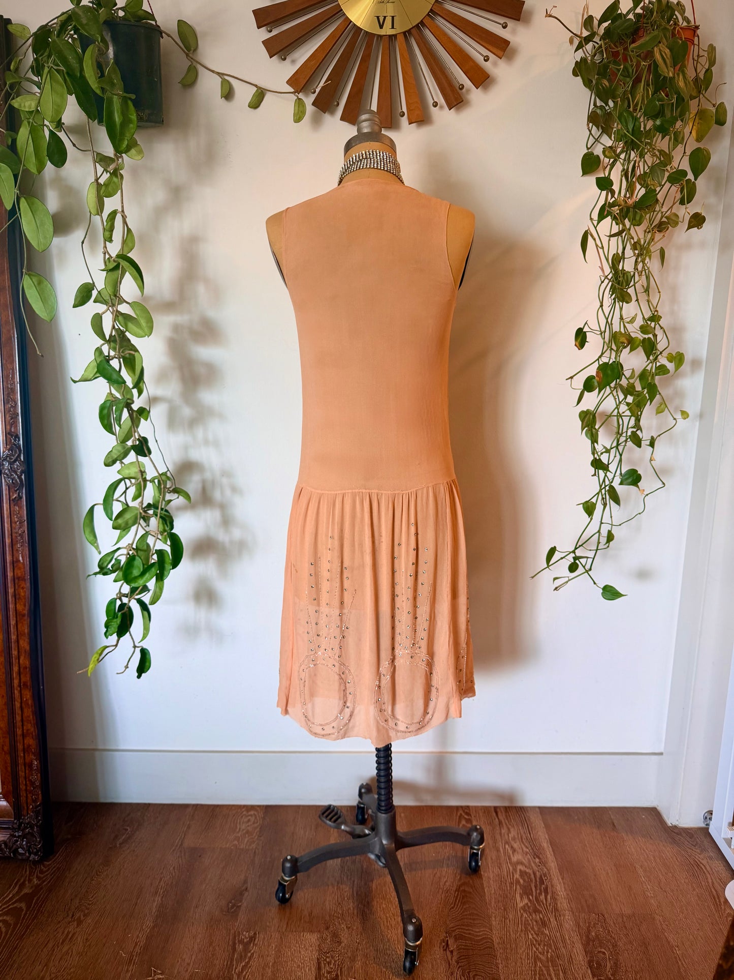 Rare, Angelic, Art Deco Antique 1920’s Silk Chiffon Dress in Peachy Pink Glass Rhinestones and Silver Microbead Tassles