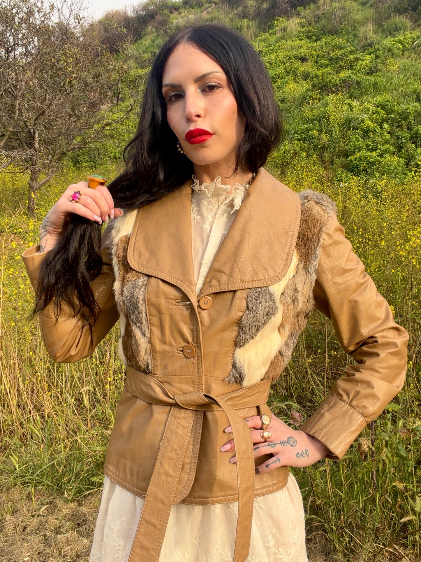 Vintage 1970’s Camel Brown Leather and Diamond Shaped Patchwork Fur Detail Jacket