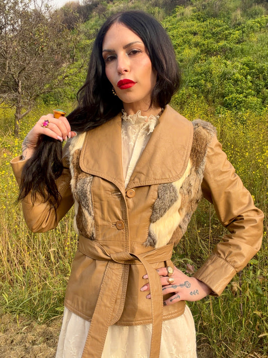 Rare Vintage 1970’s Camel Brown Authentic Leather and Patchwork Fur Belted Jacket