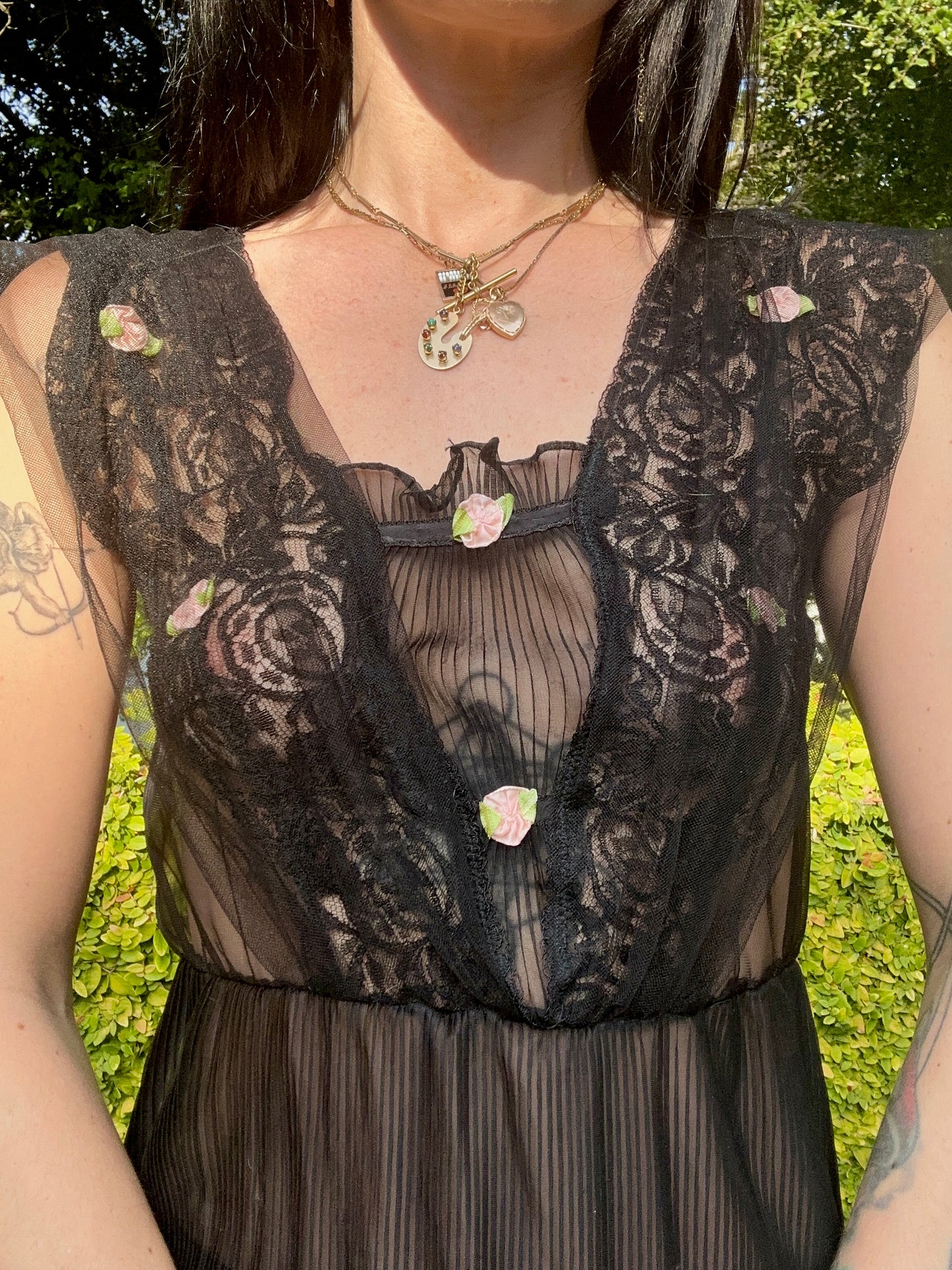 Sultry Vintage 1960’s Black Pleated Maxi Slip Dress with Rosettes and Lace