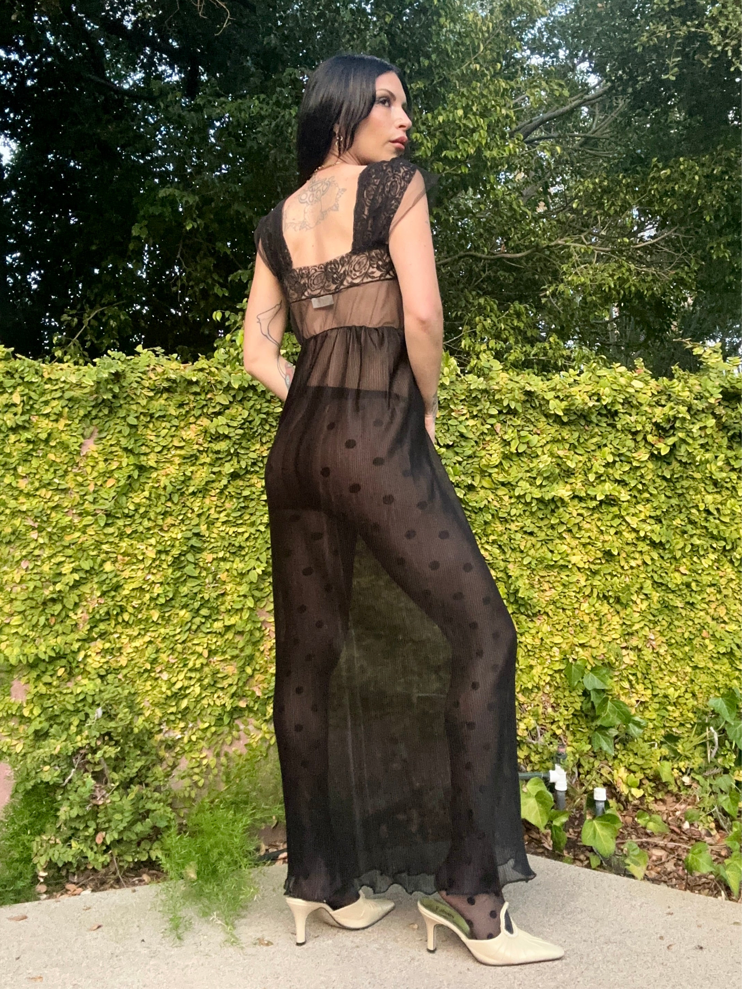 Sultry Vintage 1960’s Black Pleated Maxi Slip Dress with Rosettes and Lace