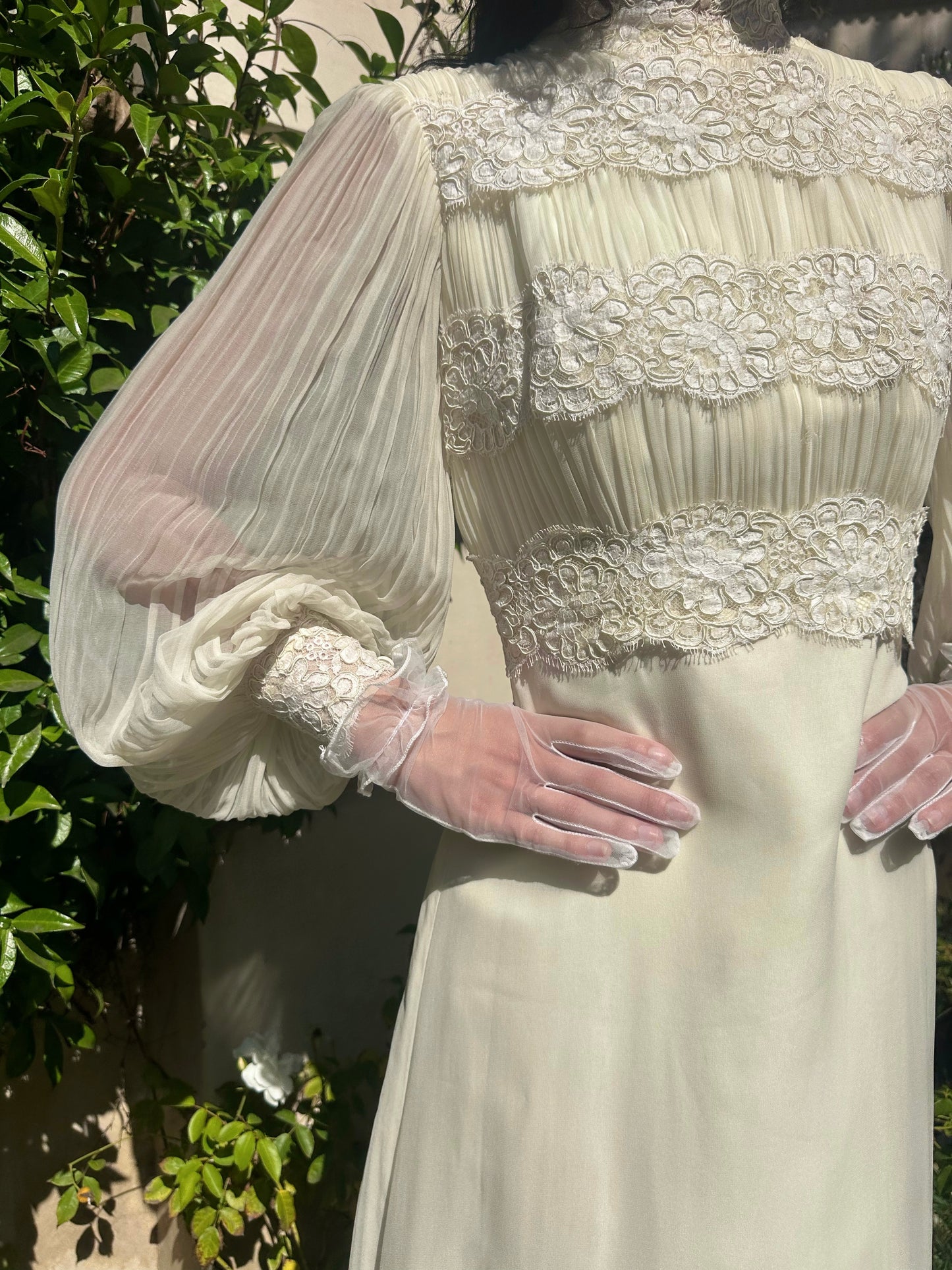 Whimsical Vintage 1970's Victorian Inspired Silk Chiffon Alencon Lace Bridal Dress in Alabaster