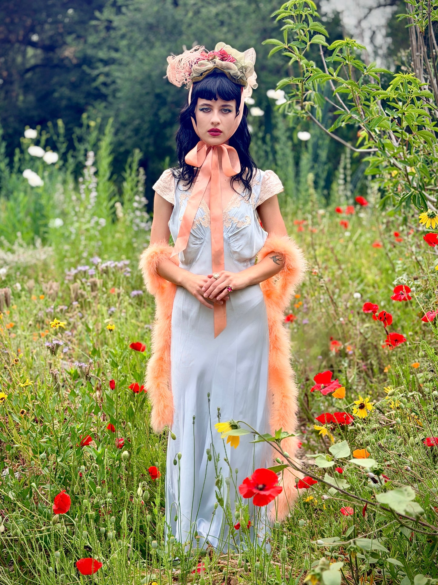 Whimsical Ice Blue Antique 1930's Silk Charmeuse Bias Cut Slip Dress with Cream Lace Inserts - Volup Size