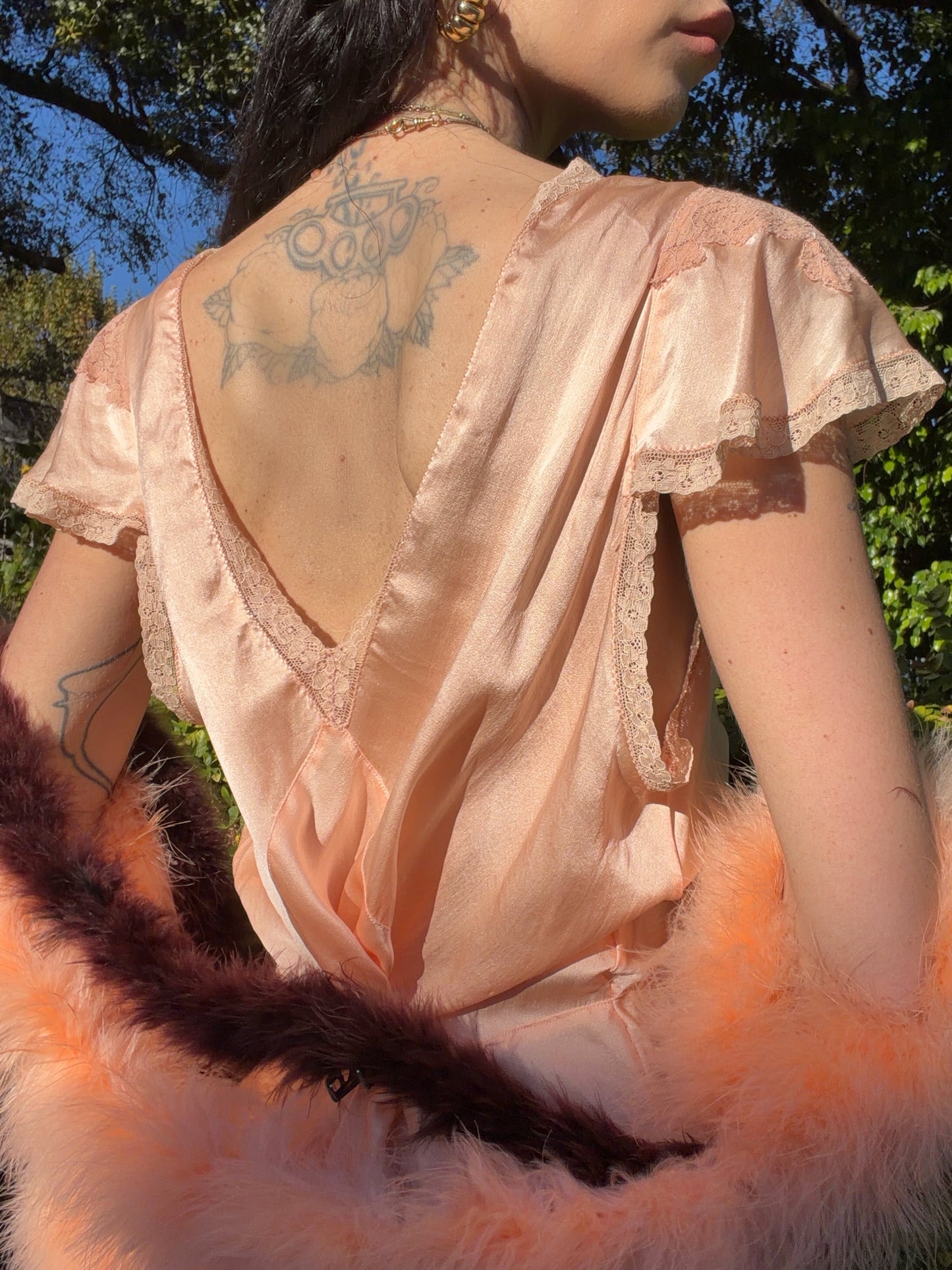 Antique late 1930’s / Early 1940’s Silk Satin Peachy Pink Slip Dress With Lace Inserts and Flutter Shoulder Sleeves