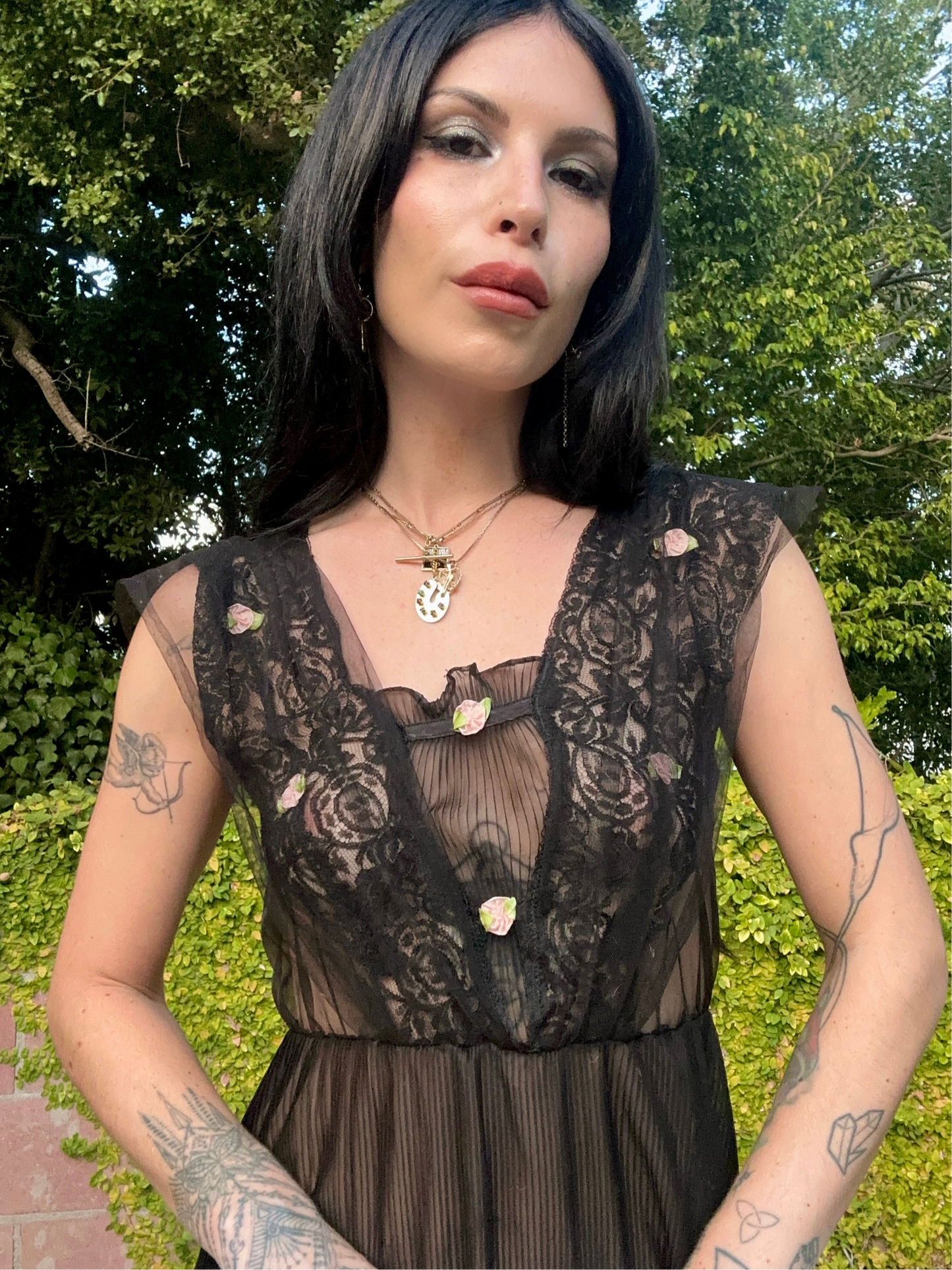 Sultry Vintage 1960’s Black Pleated Maxi Slip Dress with Rosettes and Lace