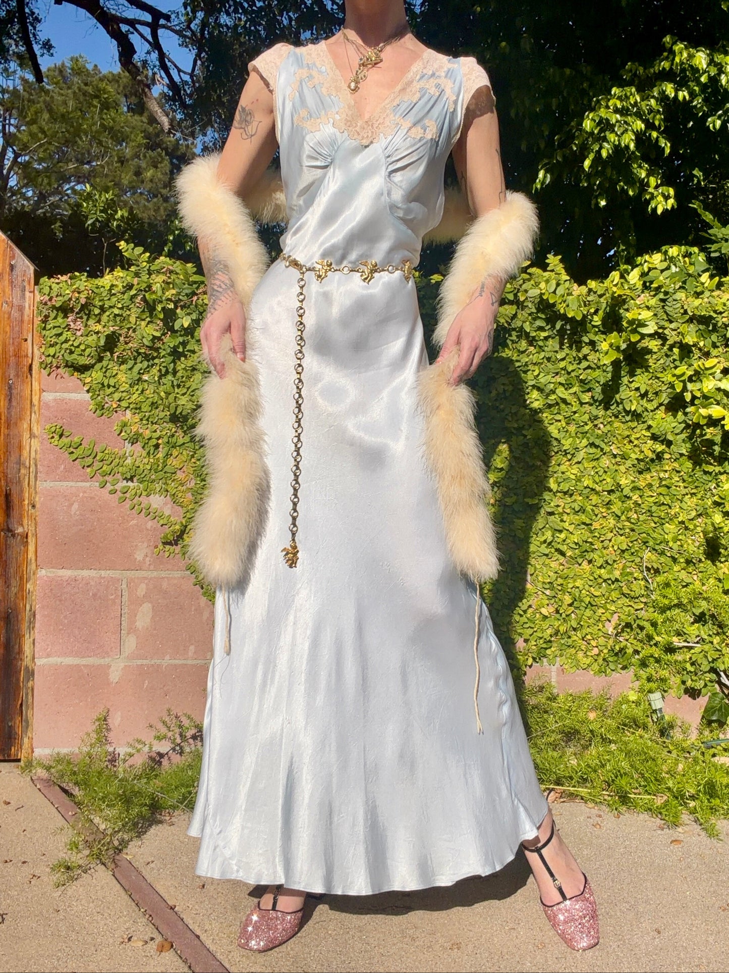 Whimsical Ice Blue Antique 1930's Silk Charmeuse Bias Cut Slip Dress with Cream Lace Inserts - Volup Size