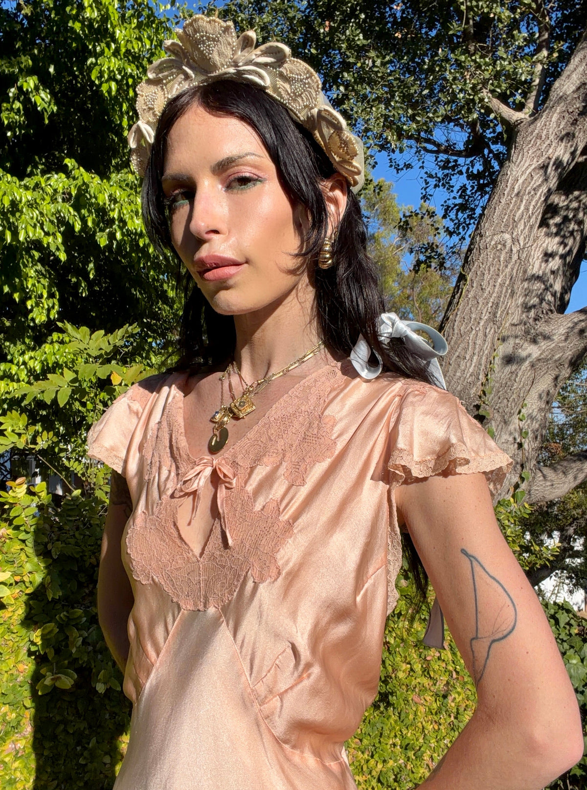 (Reserved) Whimsical Antique 1930’s/1940’s Silk Satin Peachy Pink Slip Dress With Lace Inserts and Flutter Shoulder Sleeves | M-XL