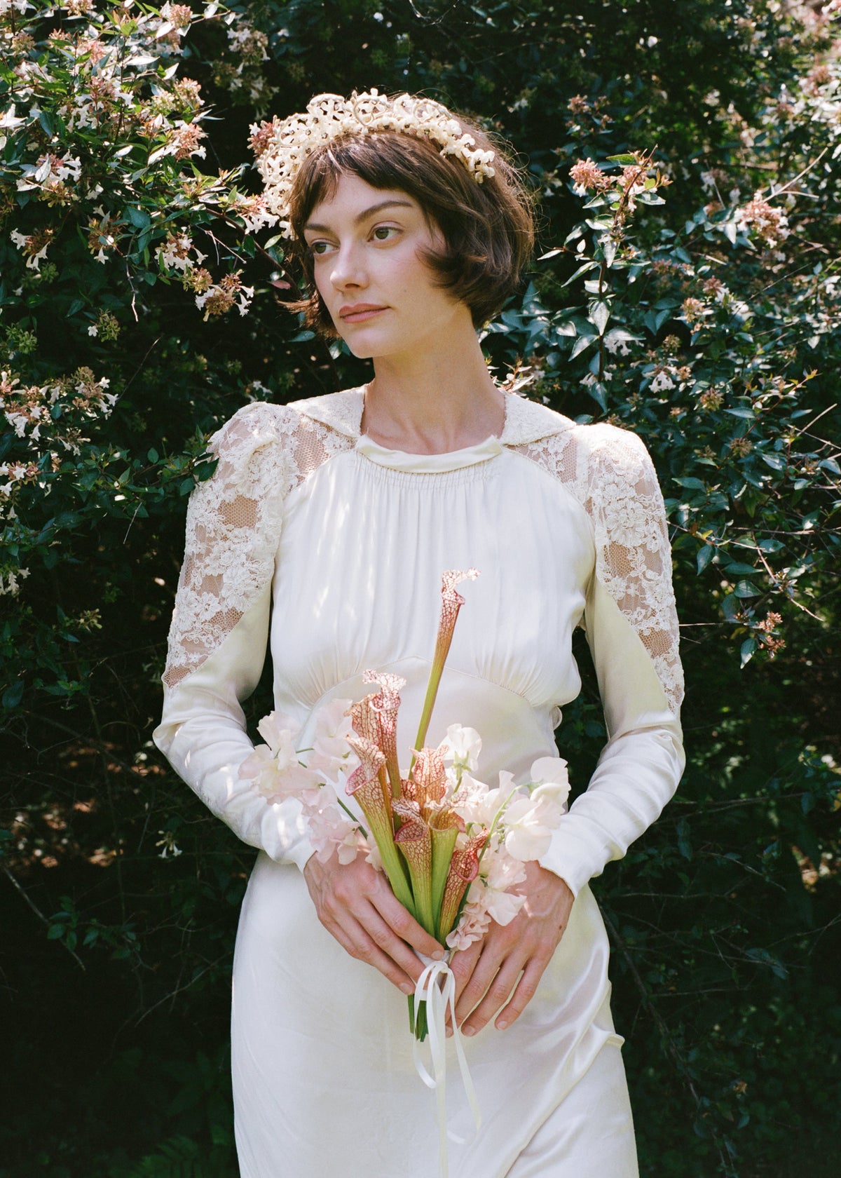 Heavenly Antique 1930’s Liquid Silk Charmeuse Wedding Gown with a Stunning Cathedral Train  Alencon Lace Shoulder and Collar Detail