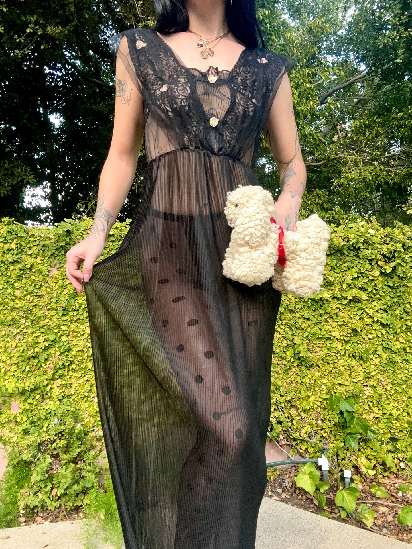 Sultry Vintage 1960’s Black Pleated Maxi Slip Dress with Rosettes and Lace