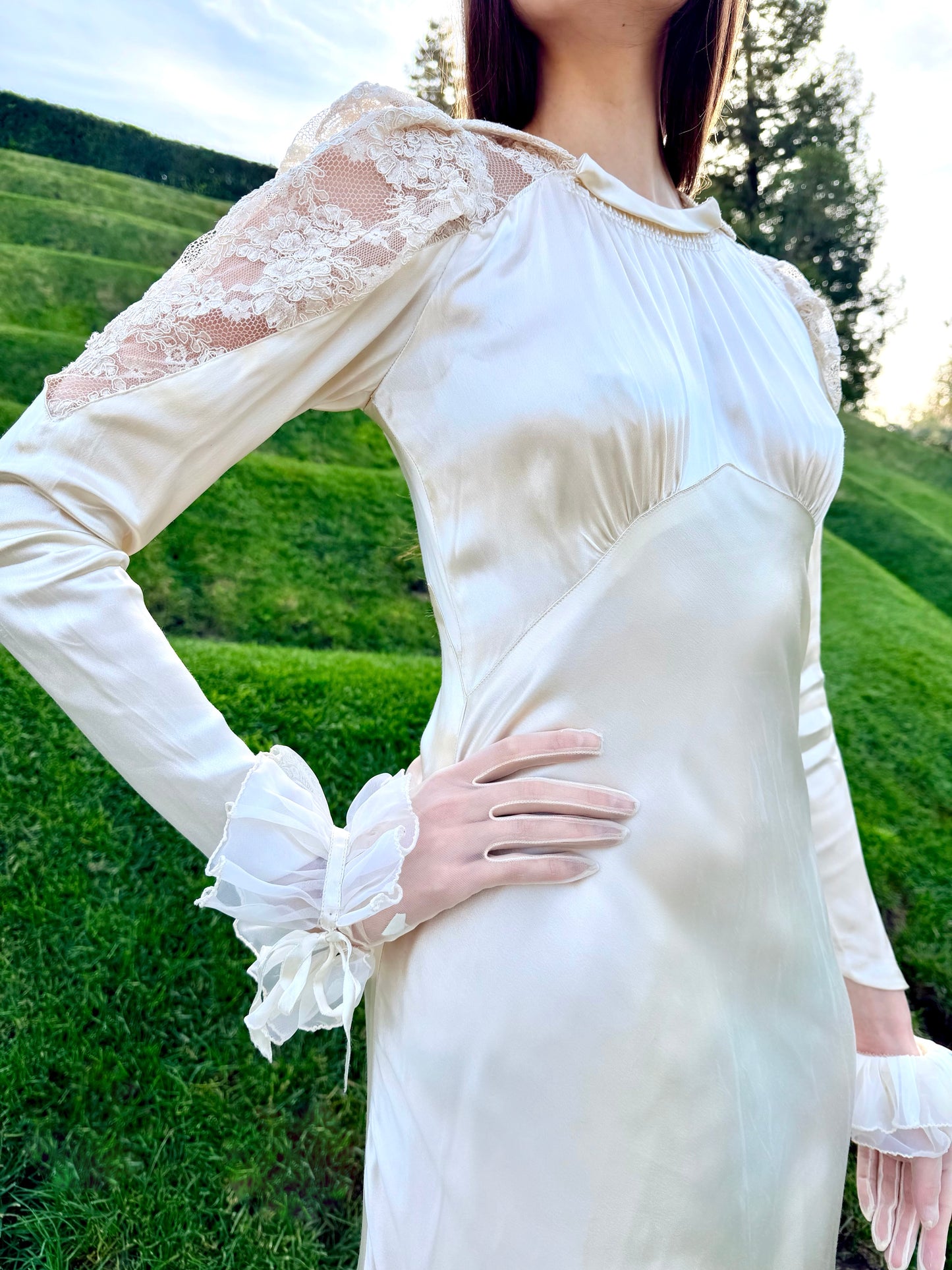 Heavenly Antique 1930’s Liquid Silk Charmeuse Wedding Gown with a Stunning Cathedral Train  Alencon Lace Shoulder and Collar Detail