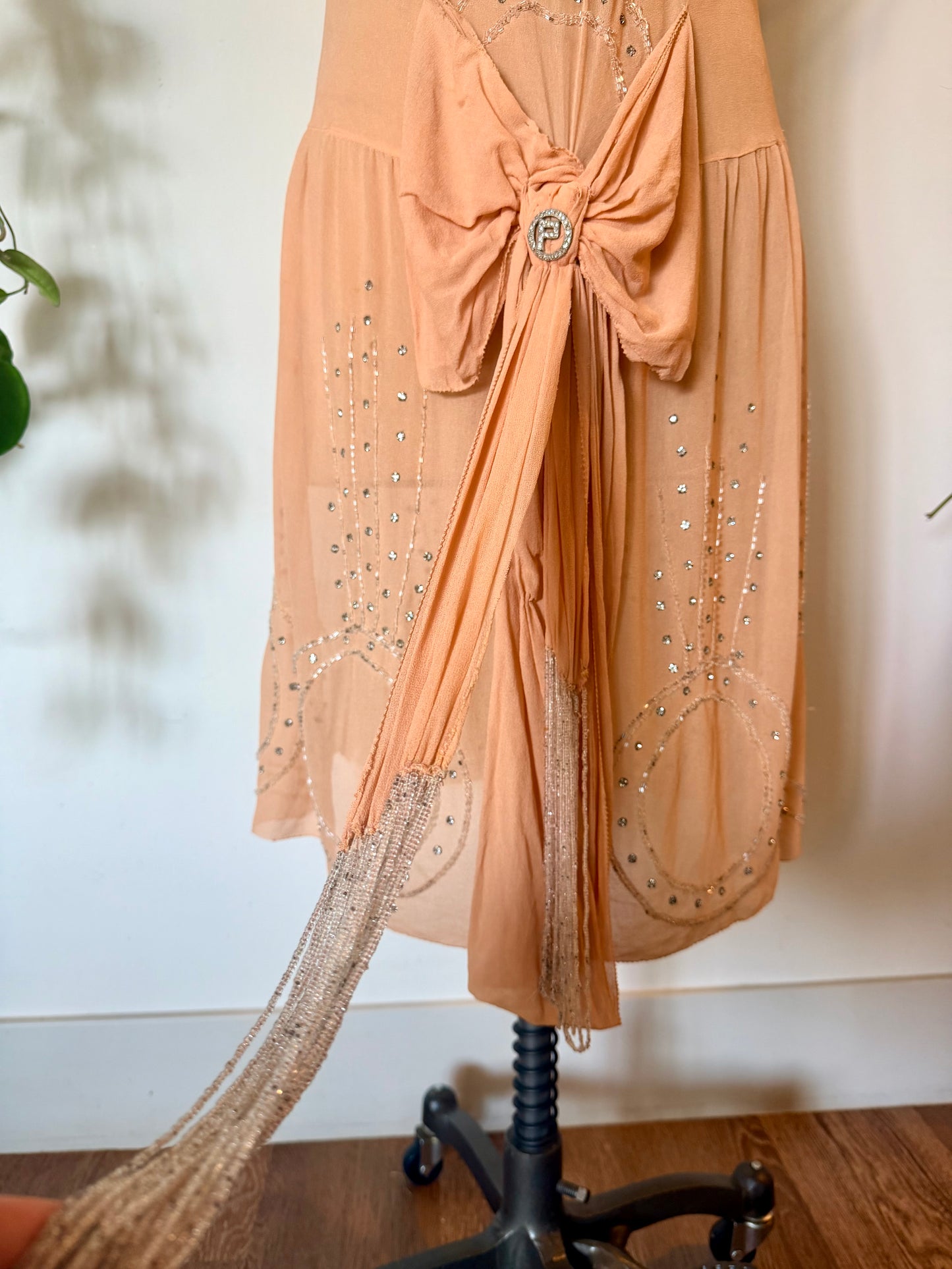 Rare, Angelic, Art Deco Antique 1920’s Silk Chiffon Dress in Peachy Pink Glass Rhinestones and Silver Microbead Tassles