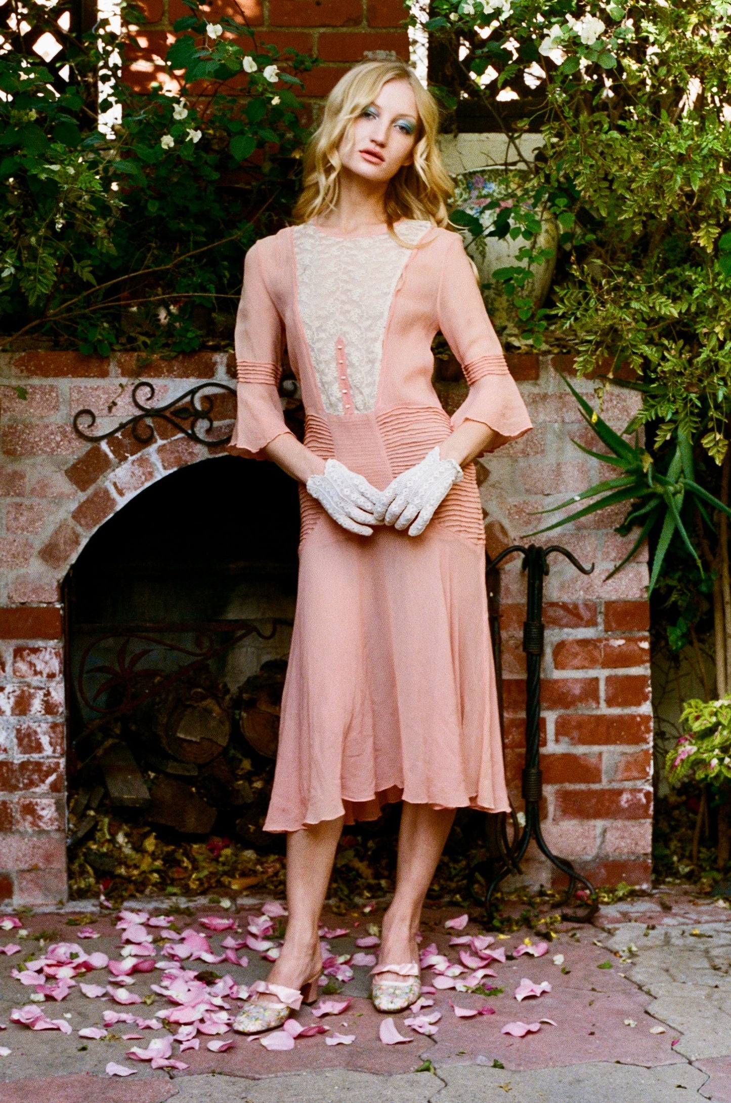 Antique 1920’s Georgette Silk Dress in Rose Petal Pink with Silk Mesh Embroidered Flowers