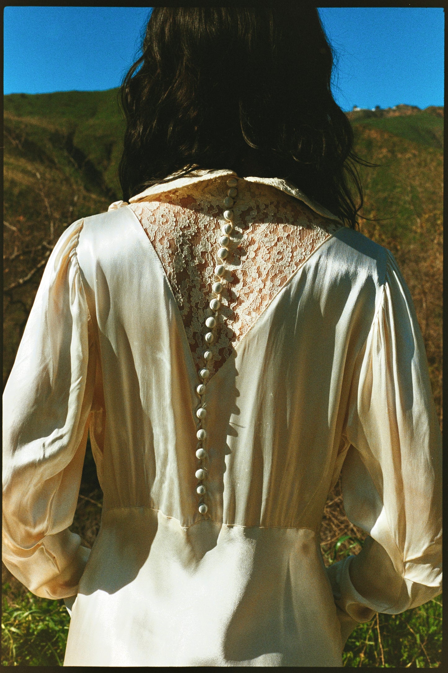 Romantic Antique 1930's Bias Cut Charmeuse Satin Wedding Gown in Candlelight with Rosette Details