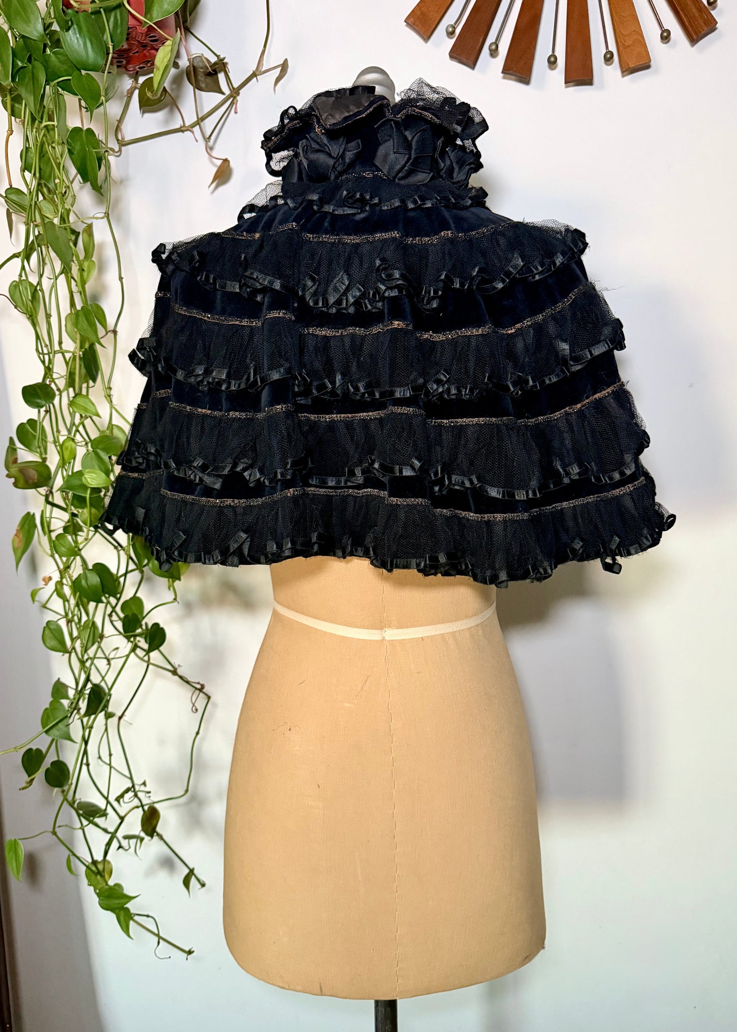 Museum Quality: Astonishing, Antique Victorian 1890’s, Silk Velvet Jet Black Mourning Cape with Tiers of Silk Mesh Ruffles and Hand-Beading All Over - Historical Piece