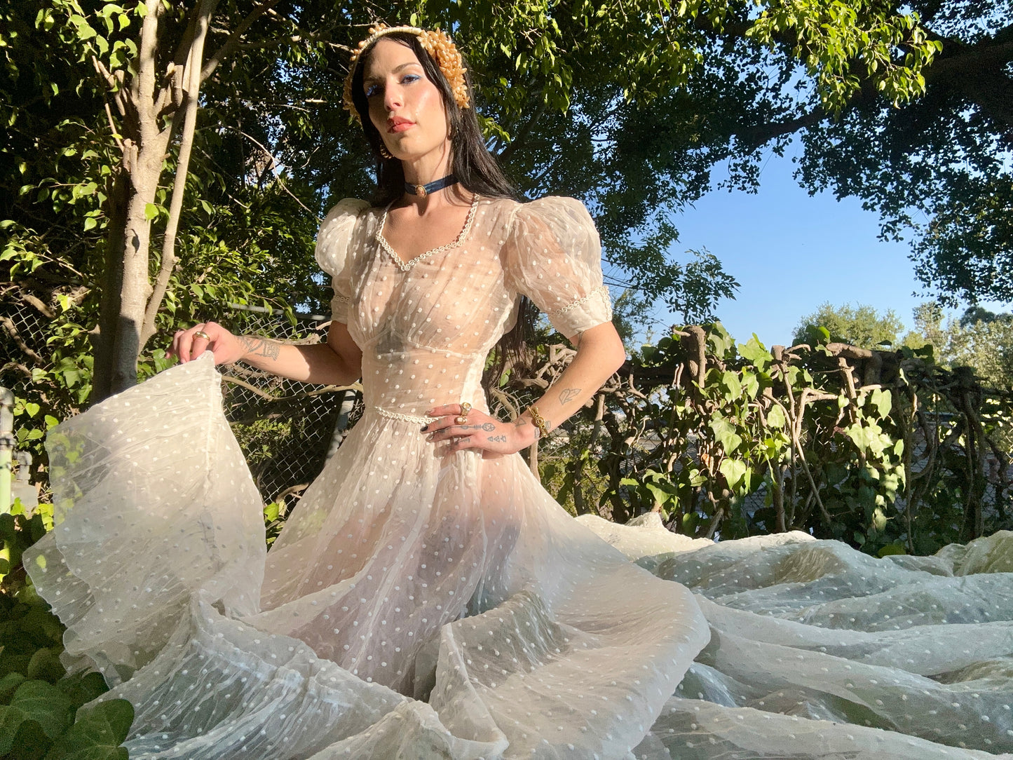 Sensational Ultra Rare Antique 1930’s Silk Organdy Swiss Dot Bone White Wedding Gown with an 80” Cathedral Train