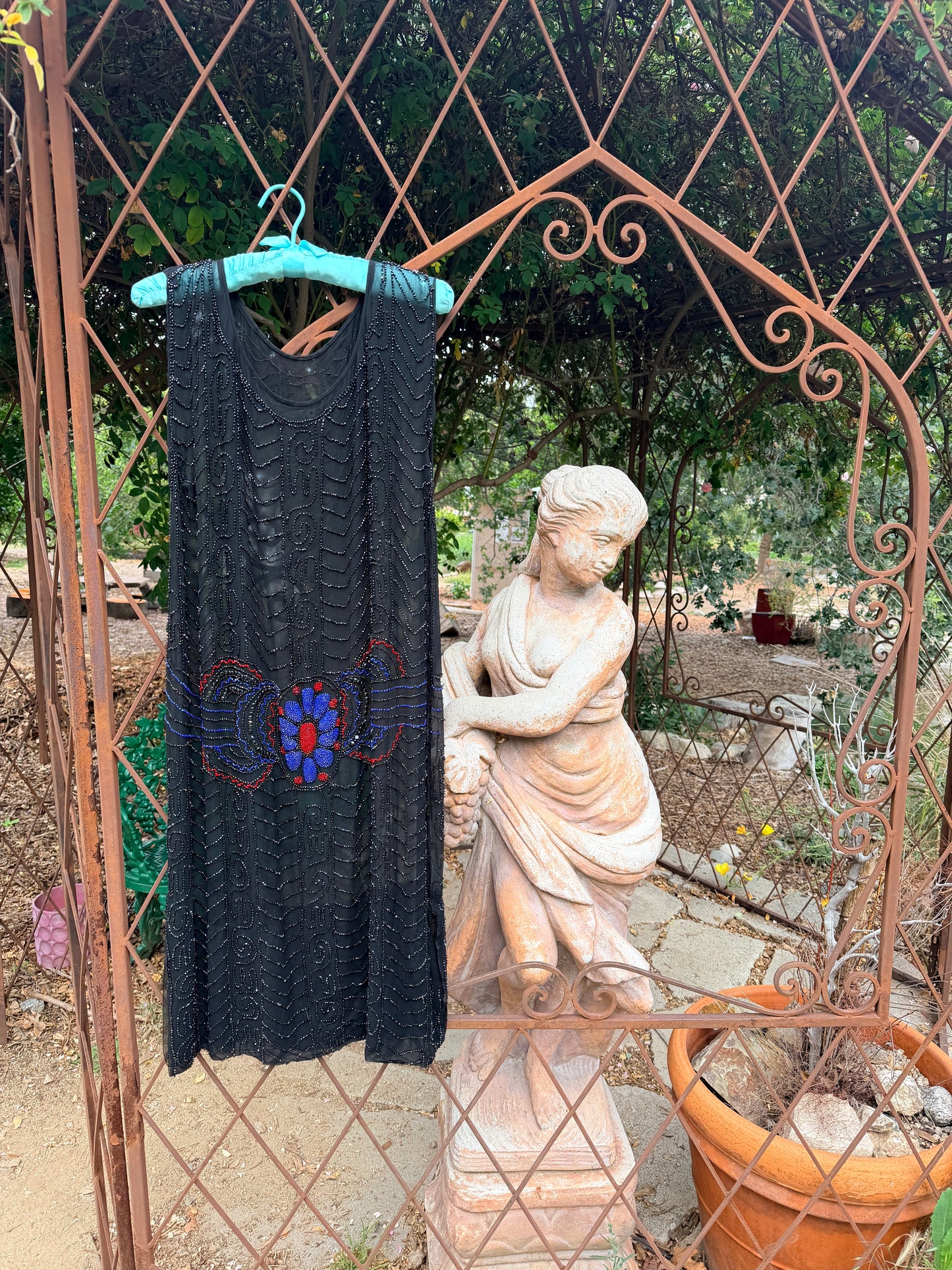 (reserved) Museum Worthy, Antique 1920’s Inky Black Silk Chiffon Art Deco Gown with Red, Blue, and Black Glass Beading