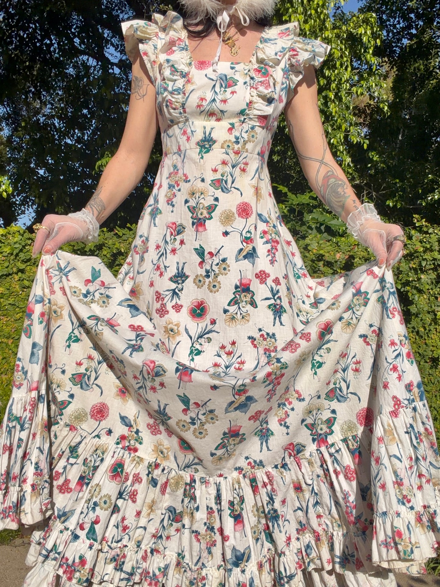 Enchanting Vintage 1970’s Prairie Maxi Gown with a Whimsical Novelty Print of Fairies, Cherubs and Florals